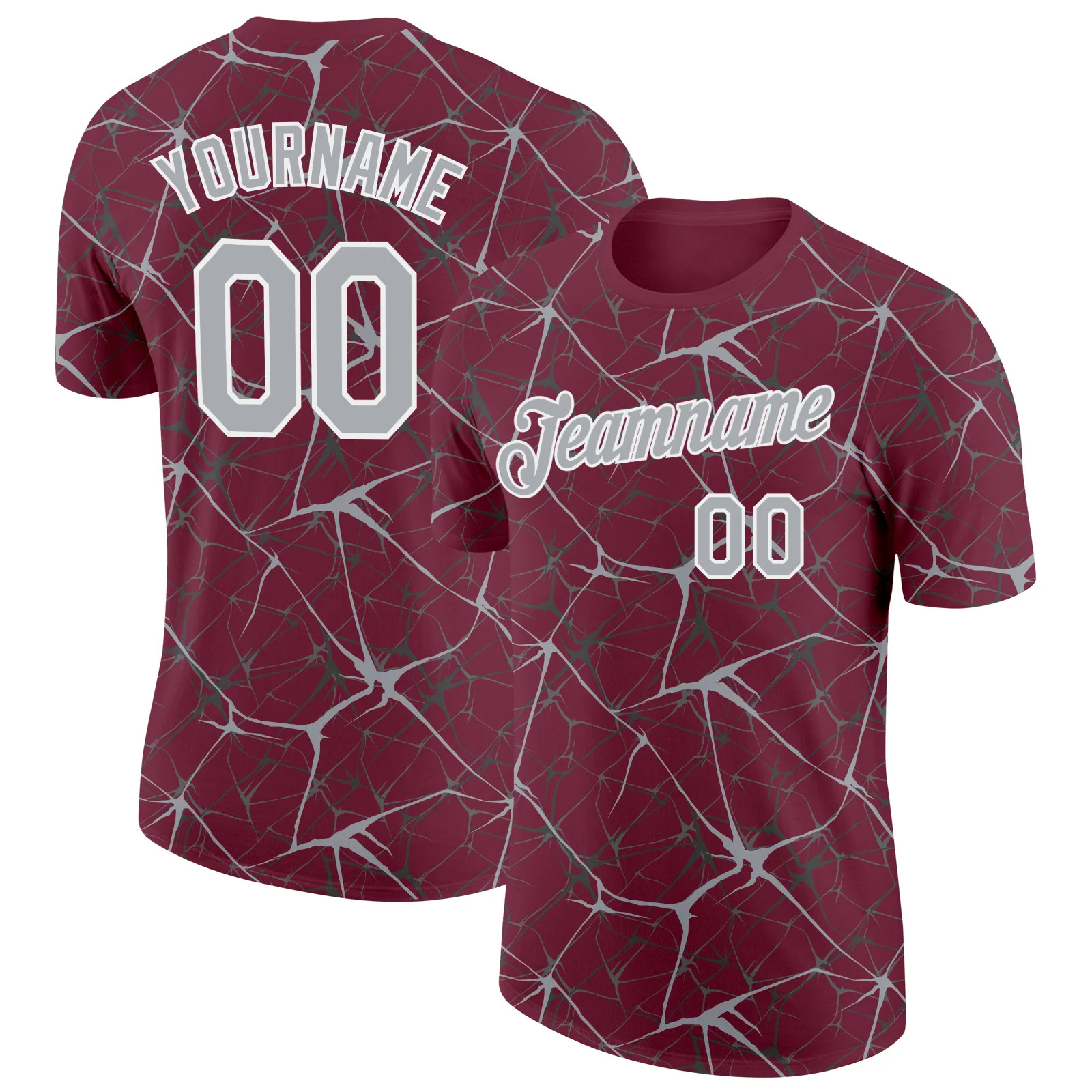 Custom Burgundy Gray Abstract Crackle Sports Tee Personalized Team Jersey