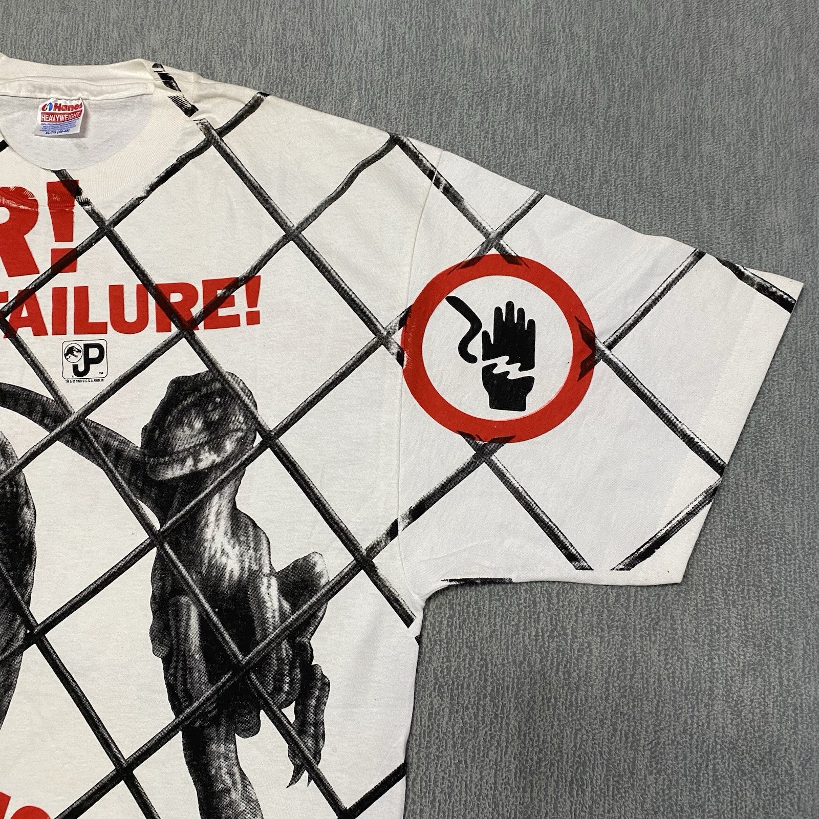 Vintage Jurassic Park Shirt XL Velociraptor AOP Cage Danger 1993 Movie Promo 90s
