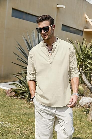 COOFANDY Men&rsquo;s Cotton Linen Henley T-Shirt Long Sleeve Hippie Casual Beach Beige