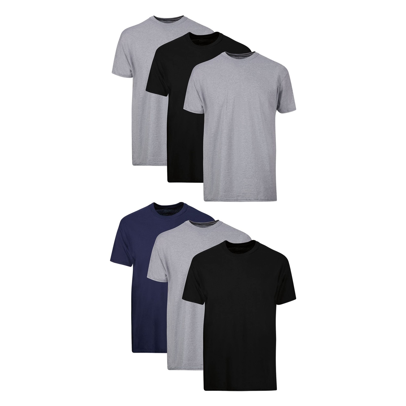 6 Pack Mens 75% Cotton,Moisture-Wicking Crew Tee Undershirts,(S) Black/Grey/Blue