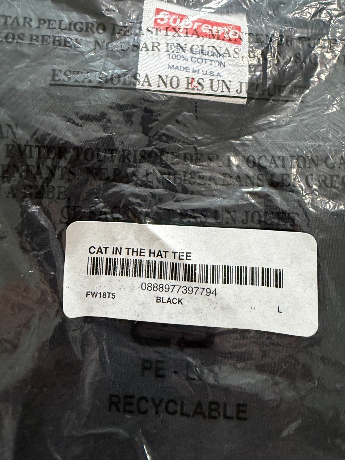 Supreme « Cat In The Hat » Tee Black sz L (2018) *NEW w/ Plastic* box logo photo