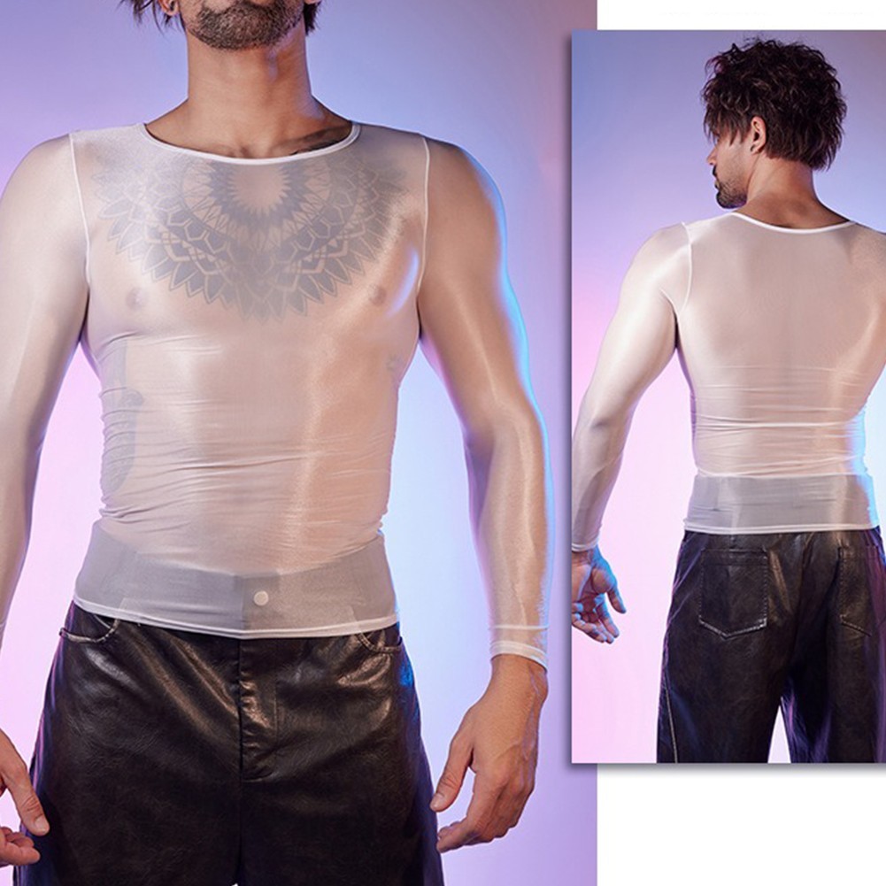 Sexy Lingerie Men&rsquo;s Oil Shiny Long Sleeve Sheer Tights O Neck Top Shirt