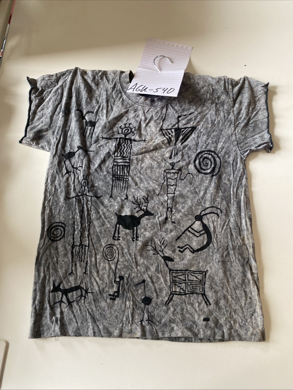 Vintage Kokopelli and Indigenous Tribal Art Grey Acid Wash T-Shirt (AGU-540)