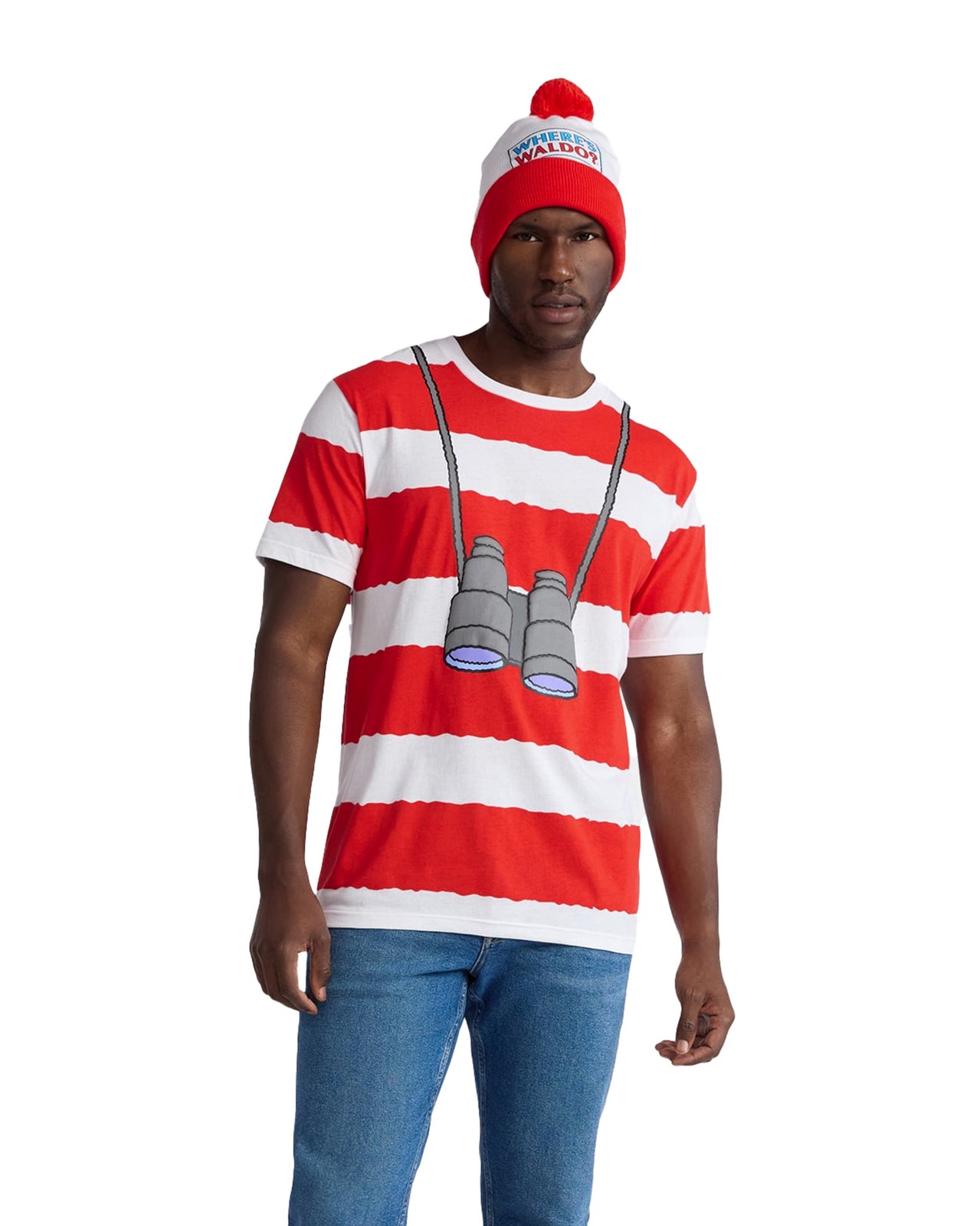 Where&rsquo;s Waldo T-Shirt Men&rsquo;s Costume Dress Up Tee and Beanie Set