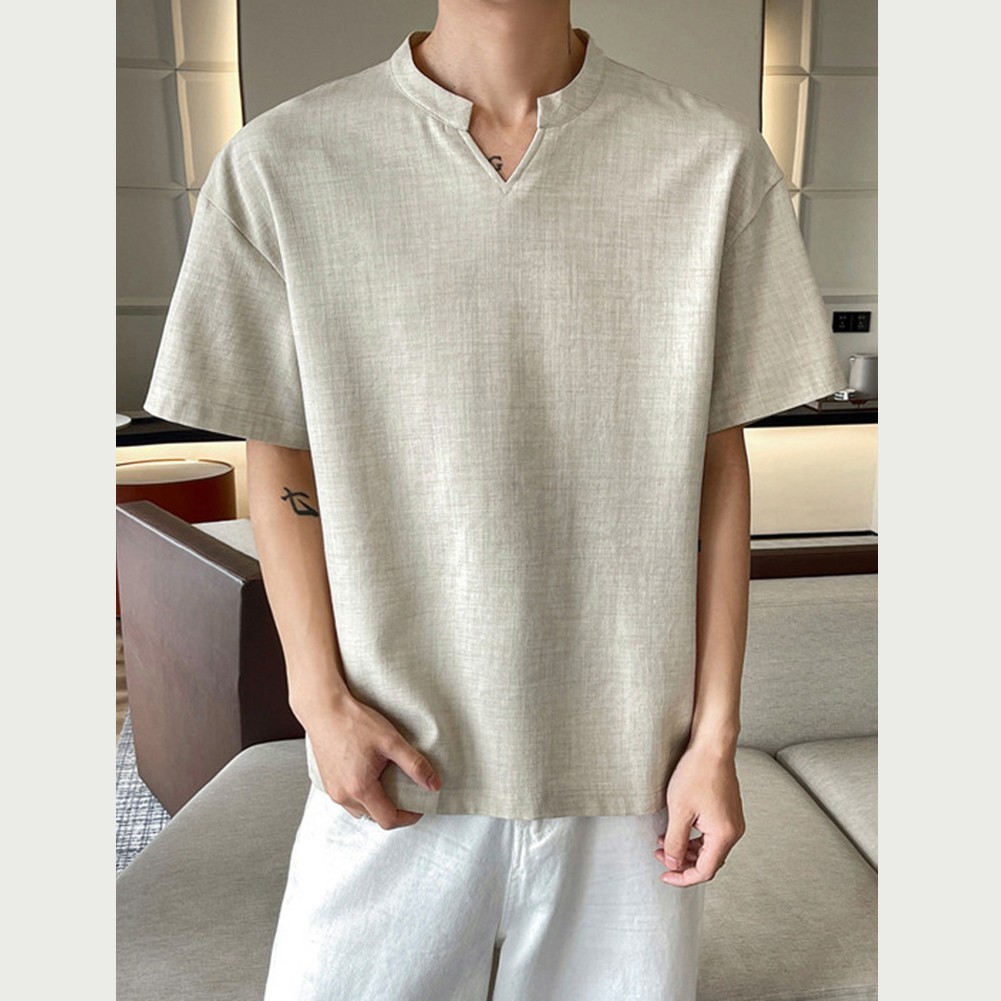 Loose Fit Men&rsquo;s T-Shirt Imitation Linen V Neck Short Sleeve Summer Top