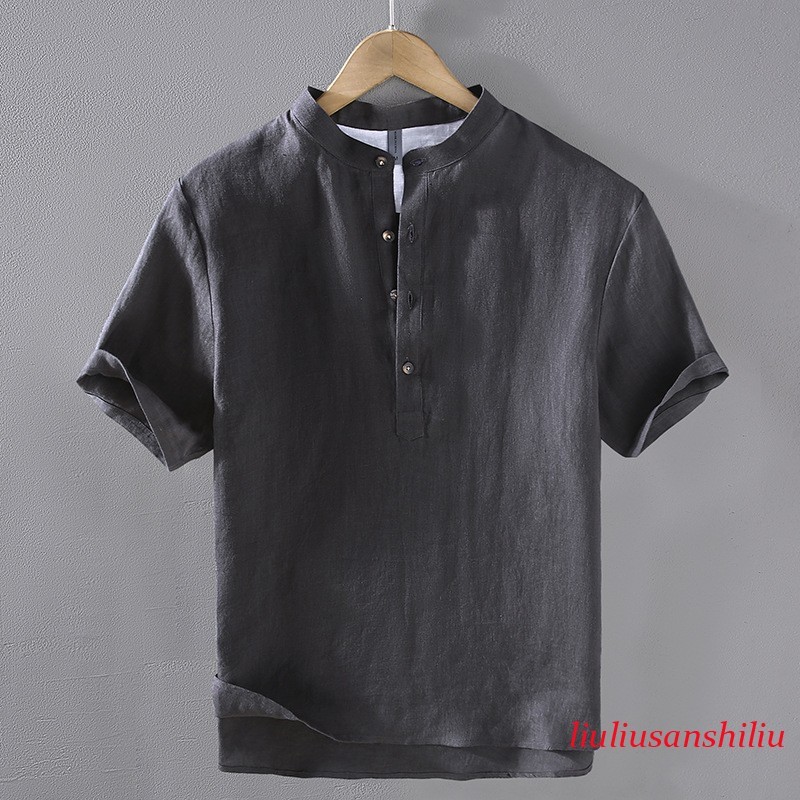 Retro Style Short Sleeve Pullover Mens Stand Collar 100% Linen Shirt Half Button