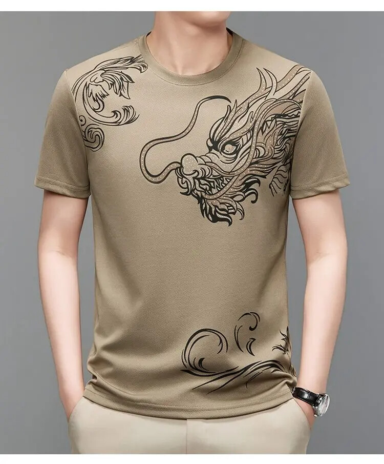New Men Fashion Trend Dragon Rhinestones Hot Drill Short Sleeve Summer T-Shirt