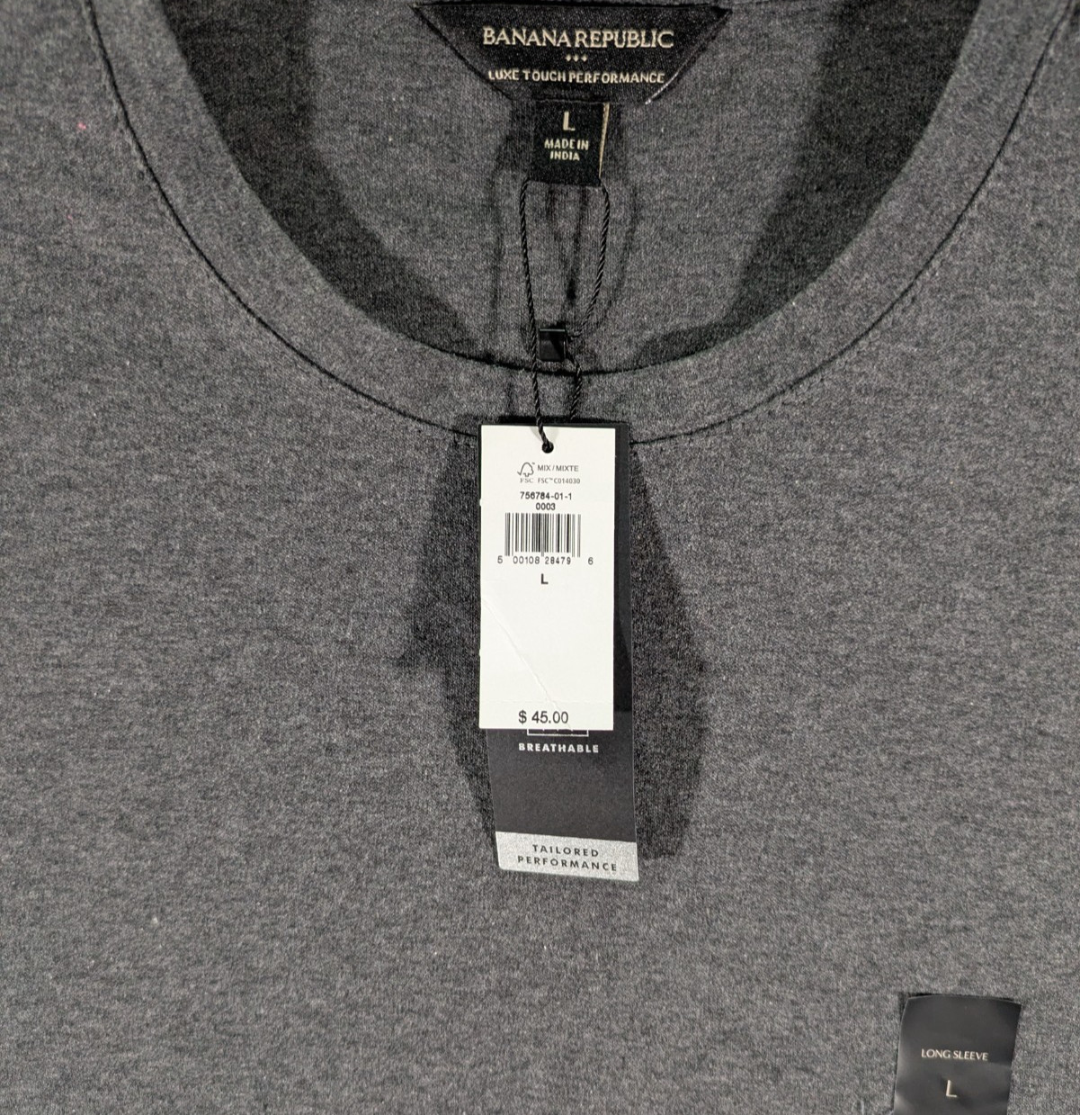 Banana Republic Men’s Large Luxe Touch Performance Tee Long Sleeve Charcoal NWT