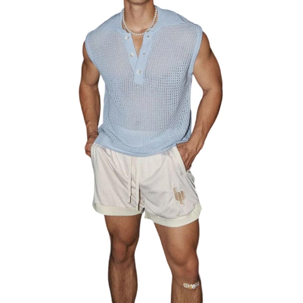 Mens Summer Top Gym Workout Men Knitted Tank Knitted Fabric Hollow Design