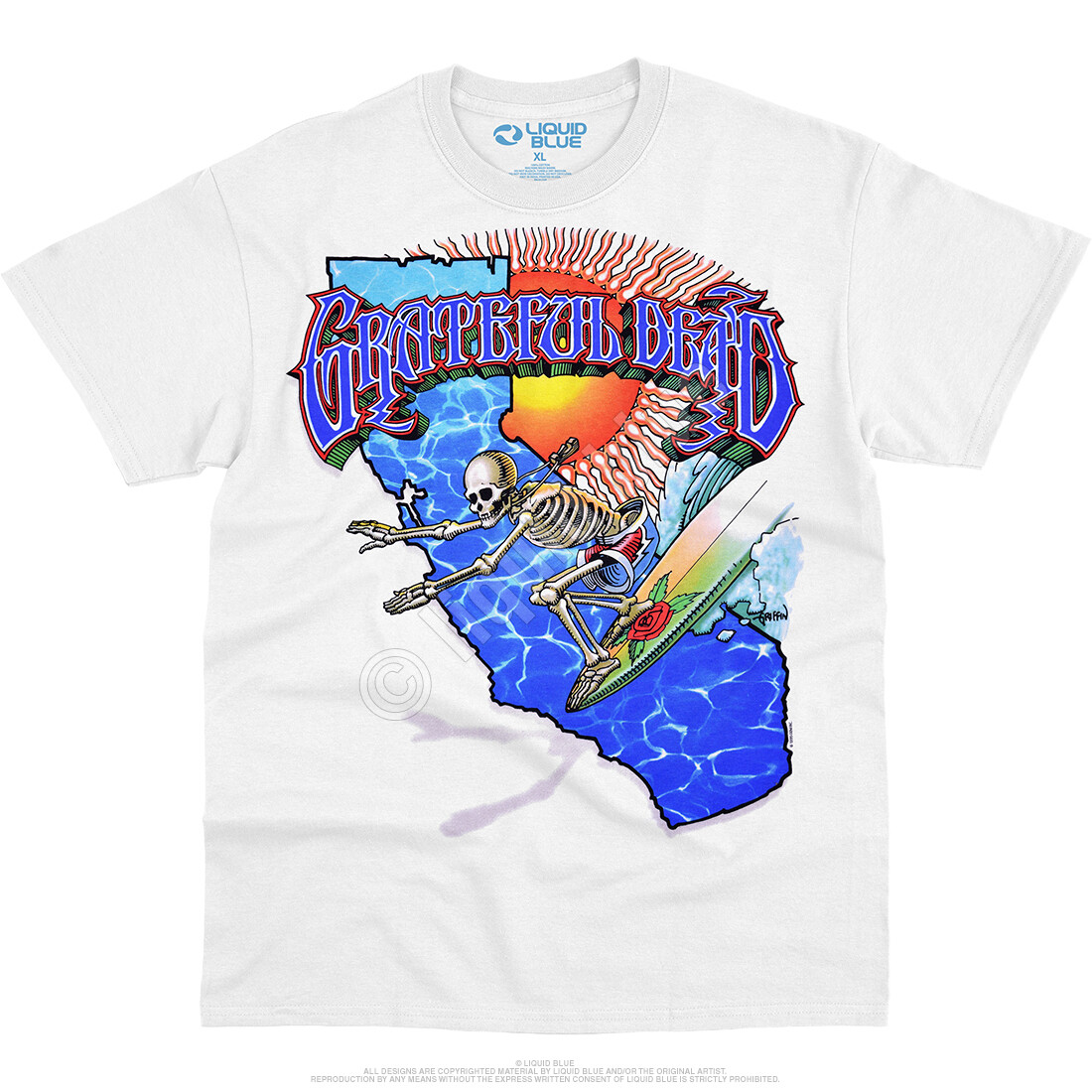 GRATEFUL DEAD-CALIFORNIA SURFER-SKELETON-ROSE-T SHIRT S-M-L-XL-2X,6X Garcia
