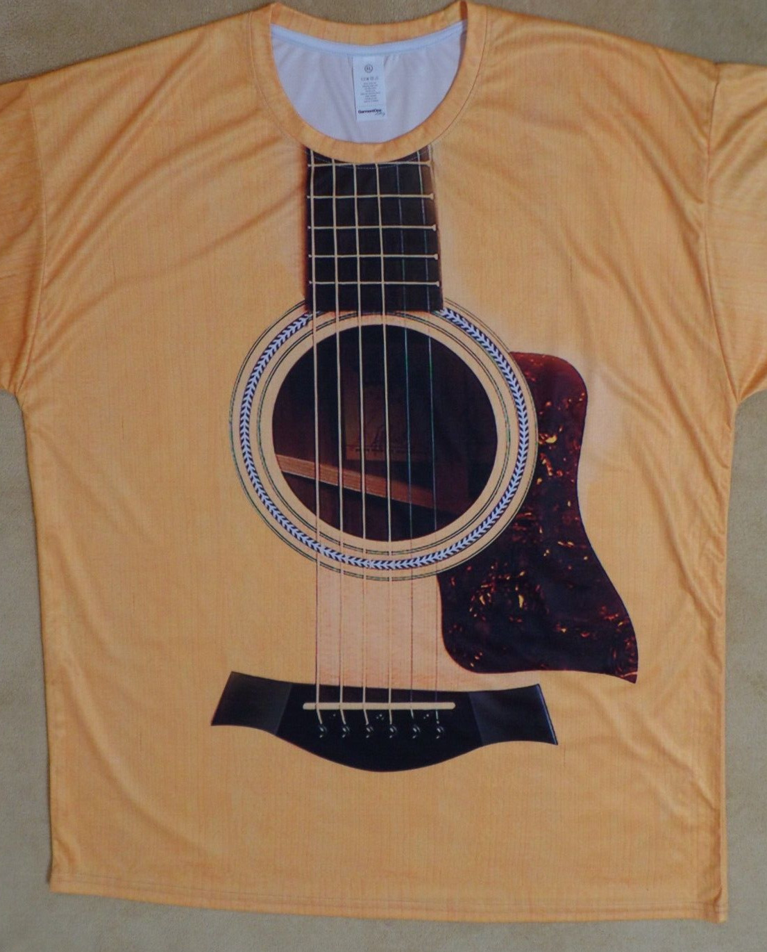 Men&rsquo;s Guitar t shirt from Garment One, XL, gold w/ black, silky synthetic knit