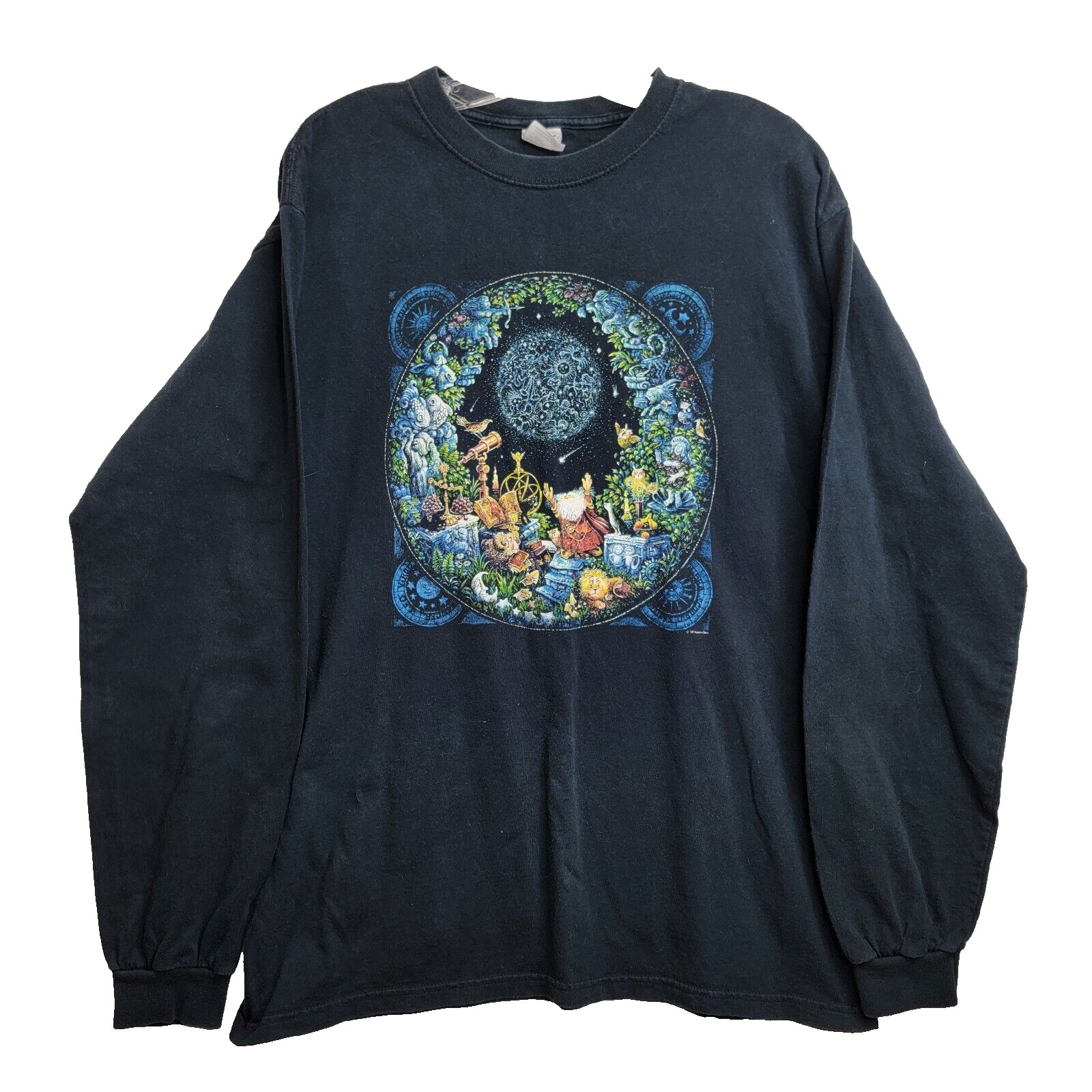 1999 Bill Bell Men&rsquo;s Large Black Anvil Wizard Astronomer Horoscope Shirt Y2K
