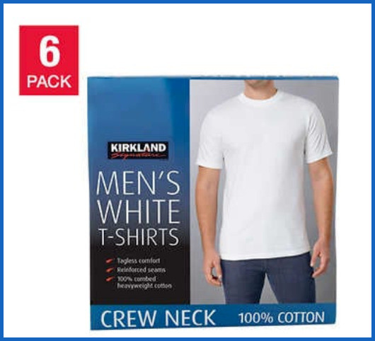Kirkland Signature Men&rsquo;s Crew Neck T Shirts 6 Pack Tagless 100% Combed Cotton