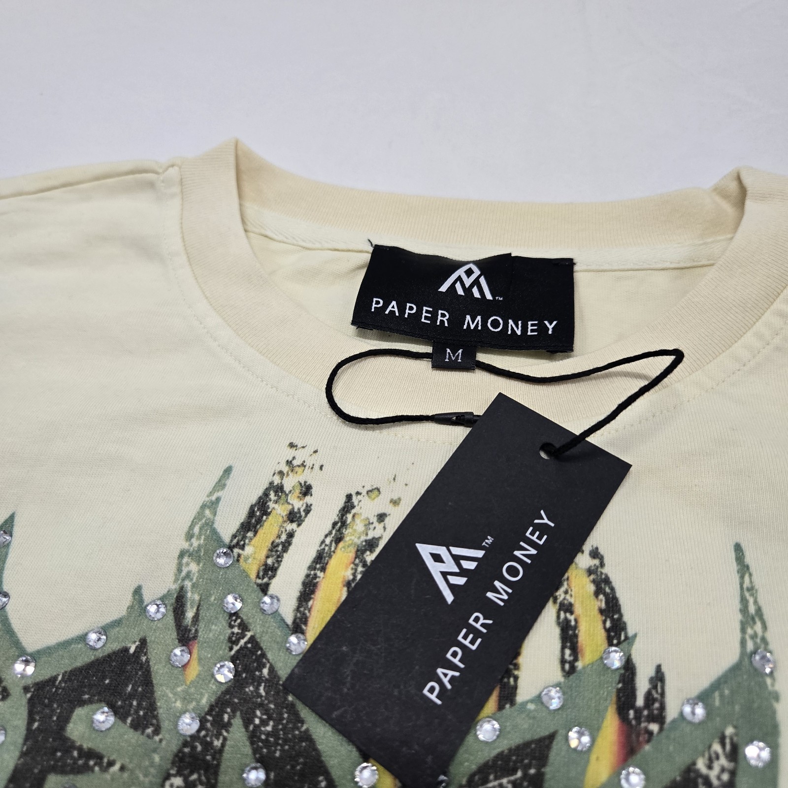 NWT Sz M Oversized* Paper Money 98&prime; Tour Rhinestone Graphic Tee Bone Beige Shirt