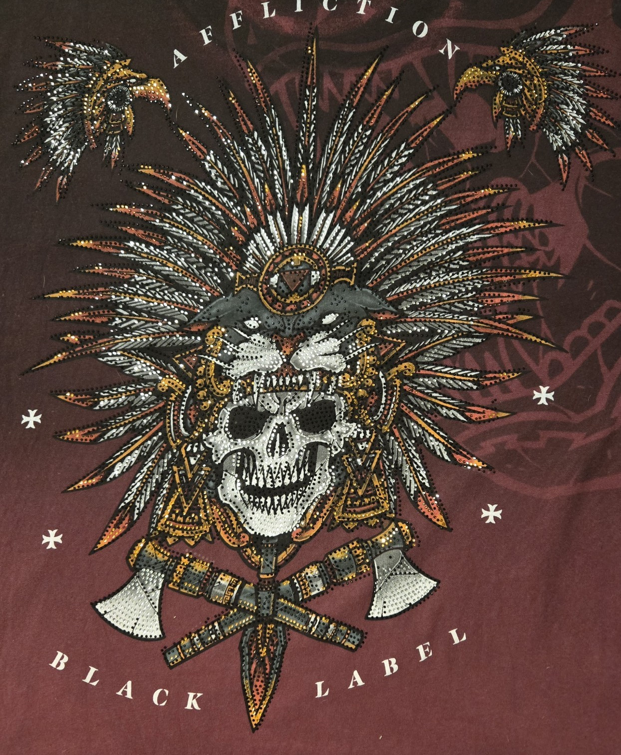 Affliction Black Label Men&rsquo;s 2XL Burgundy Skull Rhinestone T-Shirt