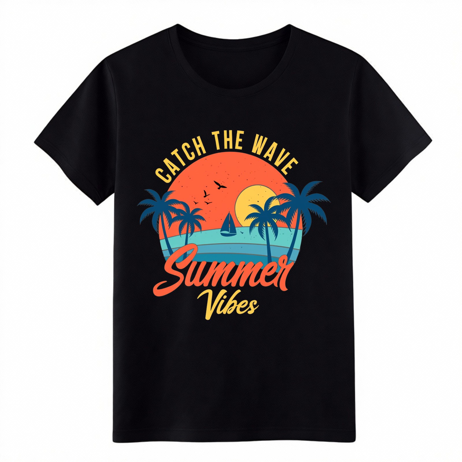 Catch The Wave Summer Vibes Retro Beach Graphic T-Shirt, Palm Tree Tee