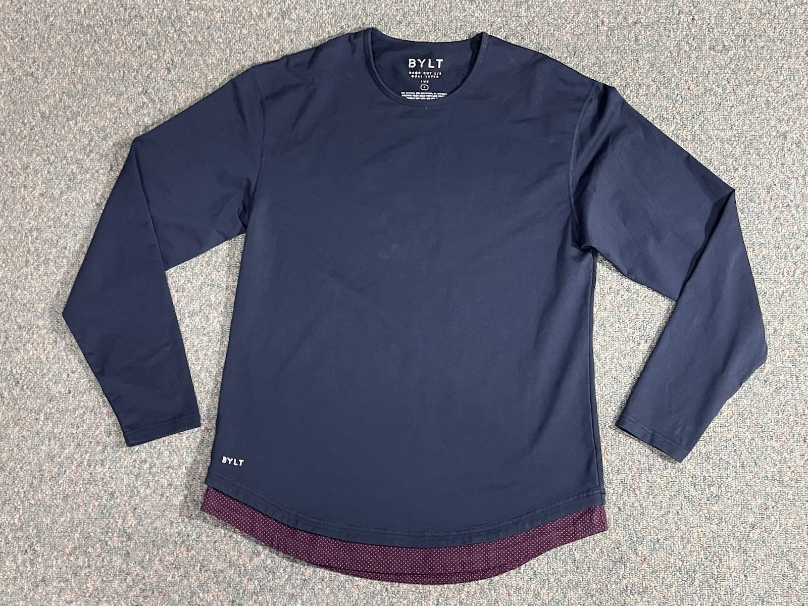 BYLT Drop Cut Dual Layer Lux Shirt Men&rsquo;s Large Long Sleeve Navy Blue Stretch