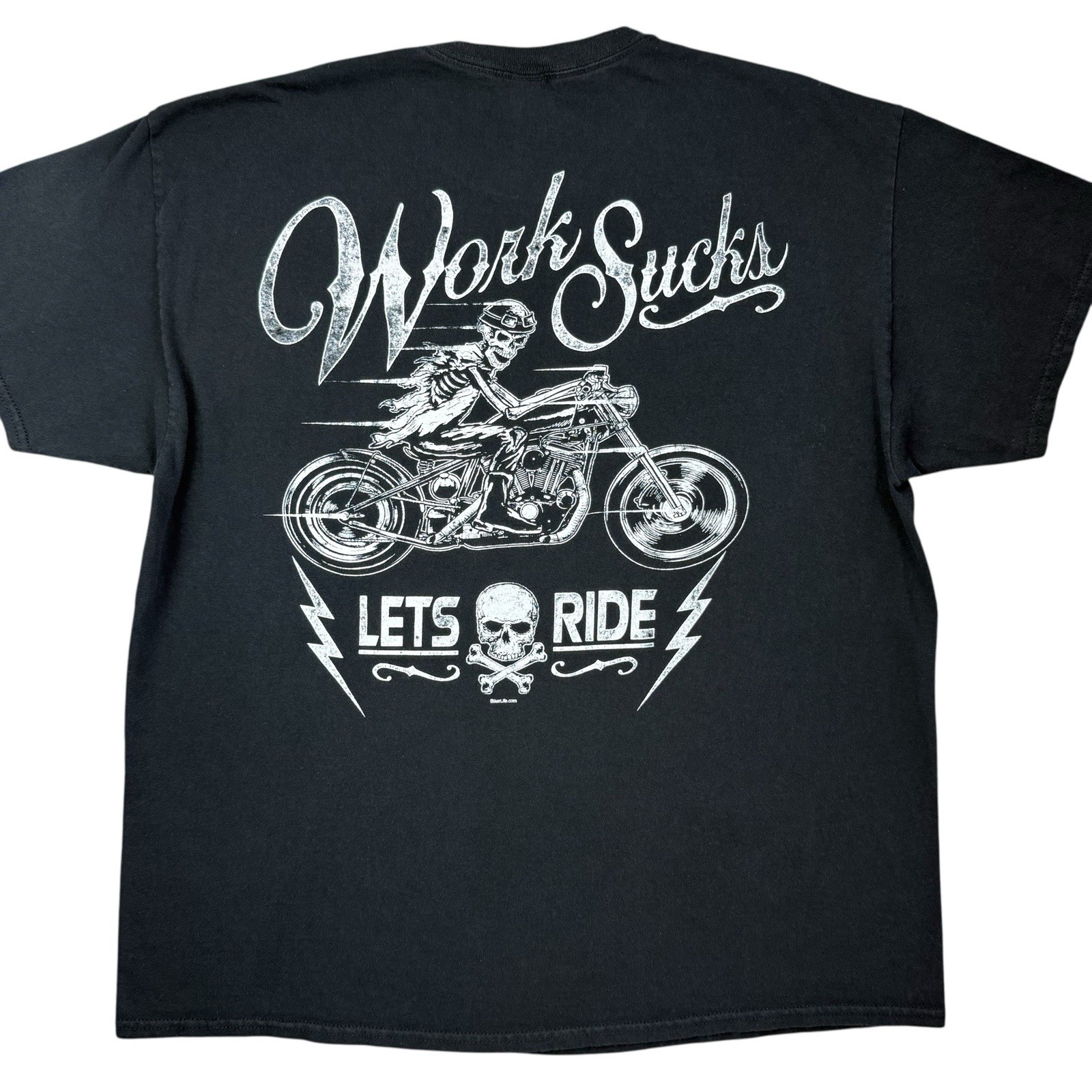 Work Sucks Let’s Ride Motorcycle Biker Skeleton Skull 2-Sided Harley t-shirt XL