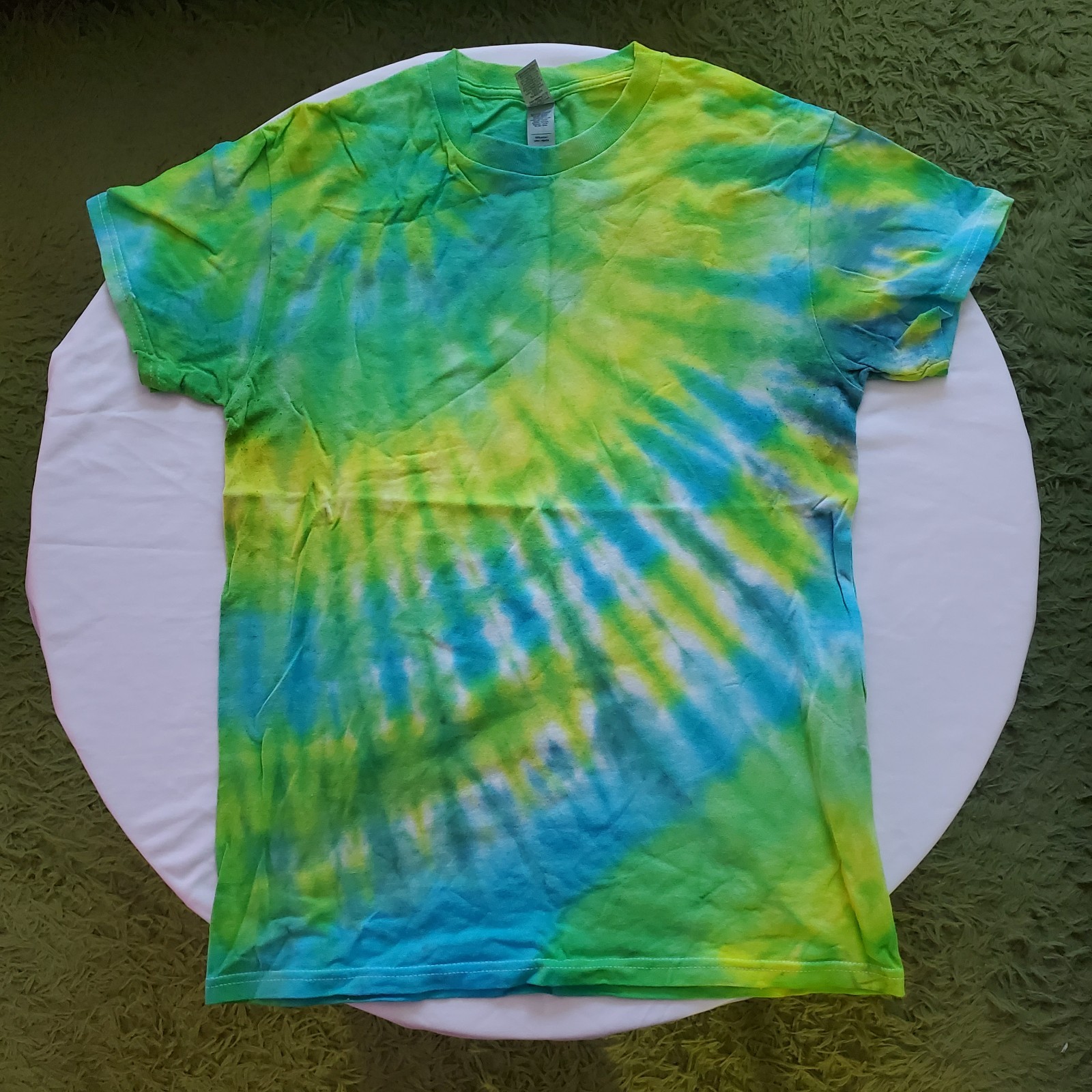 Tie Dye T Shirt Small Green Blue Yellow Spiral 100 Cotton Pre Shrunk Pre Washed