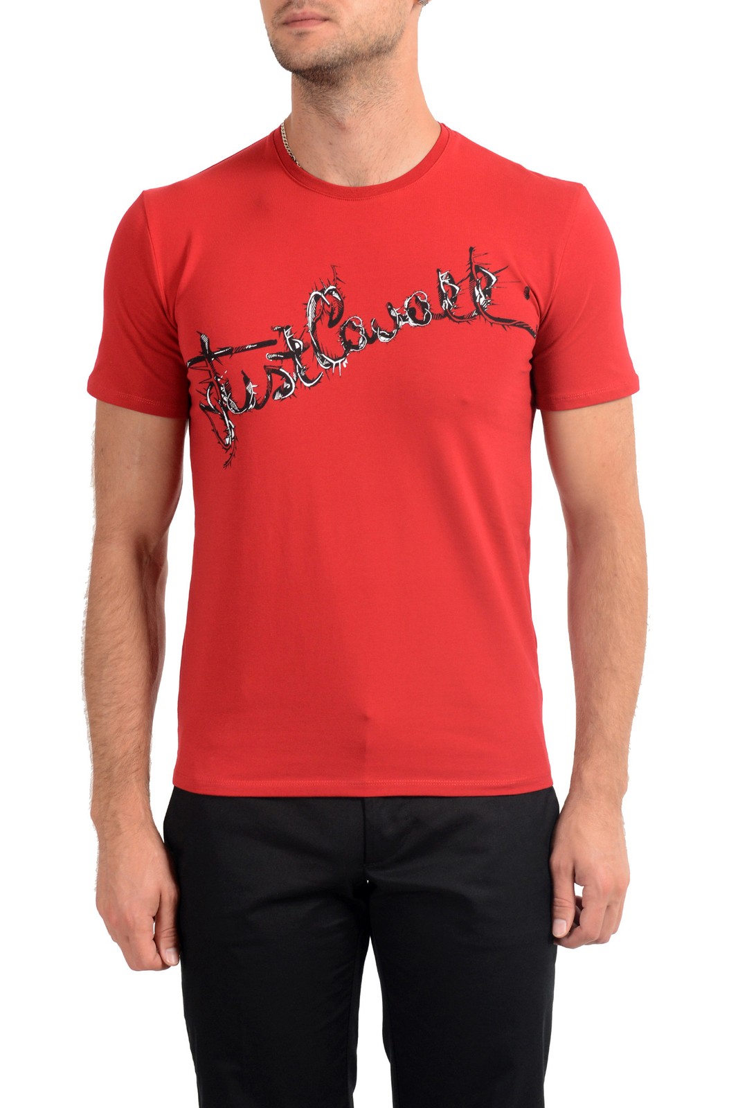 Just Cavalli Men&rsquo;s Red Graphic Print Crewneck Stretch T-Shirt US 2XL IT 56