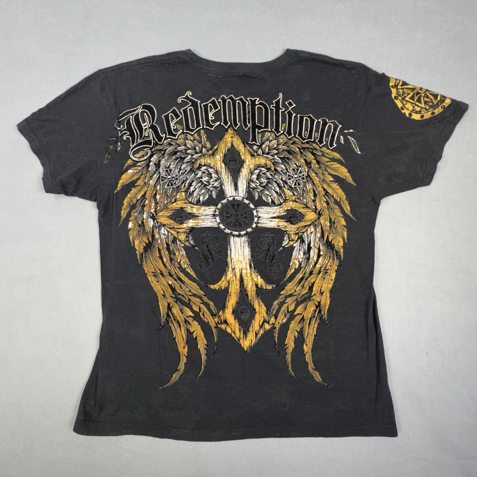 Raw State Redemption Cross Wing Graphic T Shirt Black Gold Biker Mens L Gothic