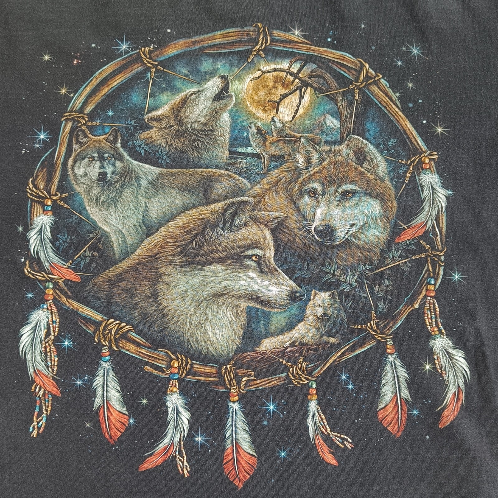 Vintage WILD Wolf T-Shirt XL Black 90s Y2K Double Sided Dreamcatcher Moon Tee