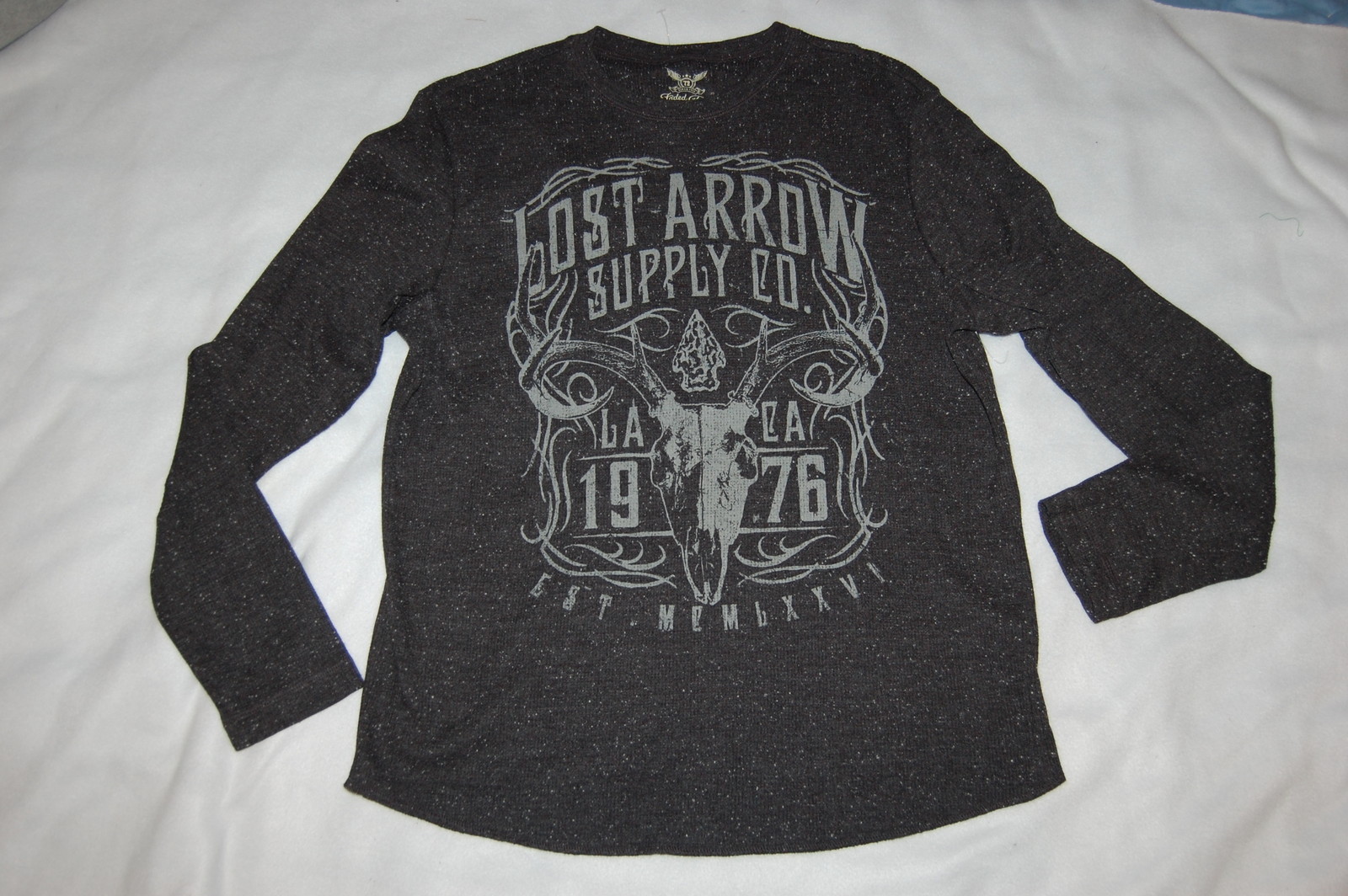 Mens L/S T-Shirt CHARCOAL GRAY Waffle Knit LOST ARROW SUPPLY CO Buck Skull MED M