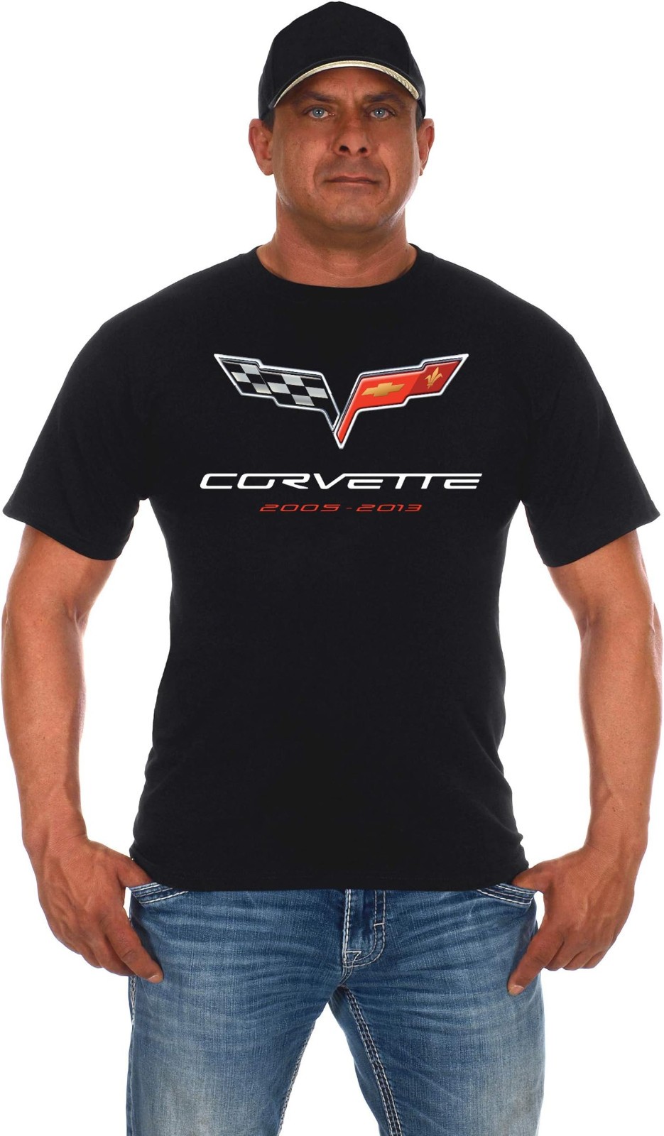 JH Design Mens Chevy Corvette T-Shirt C6 Series Logo Black Crew Neck Shirt