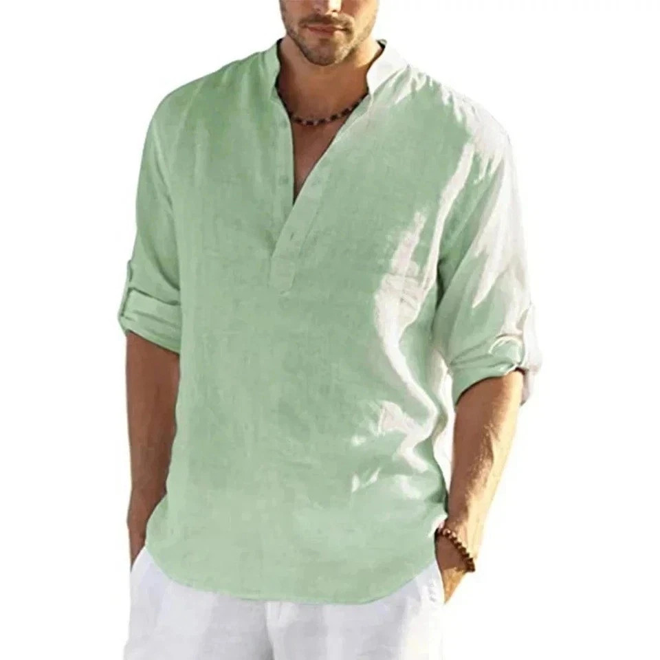 Men&rsquo;s Cotton Linen Henley Long Sleeve Shirt Casual Beach T-shirt Tee Summer Gift