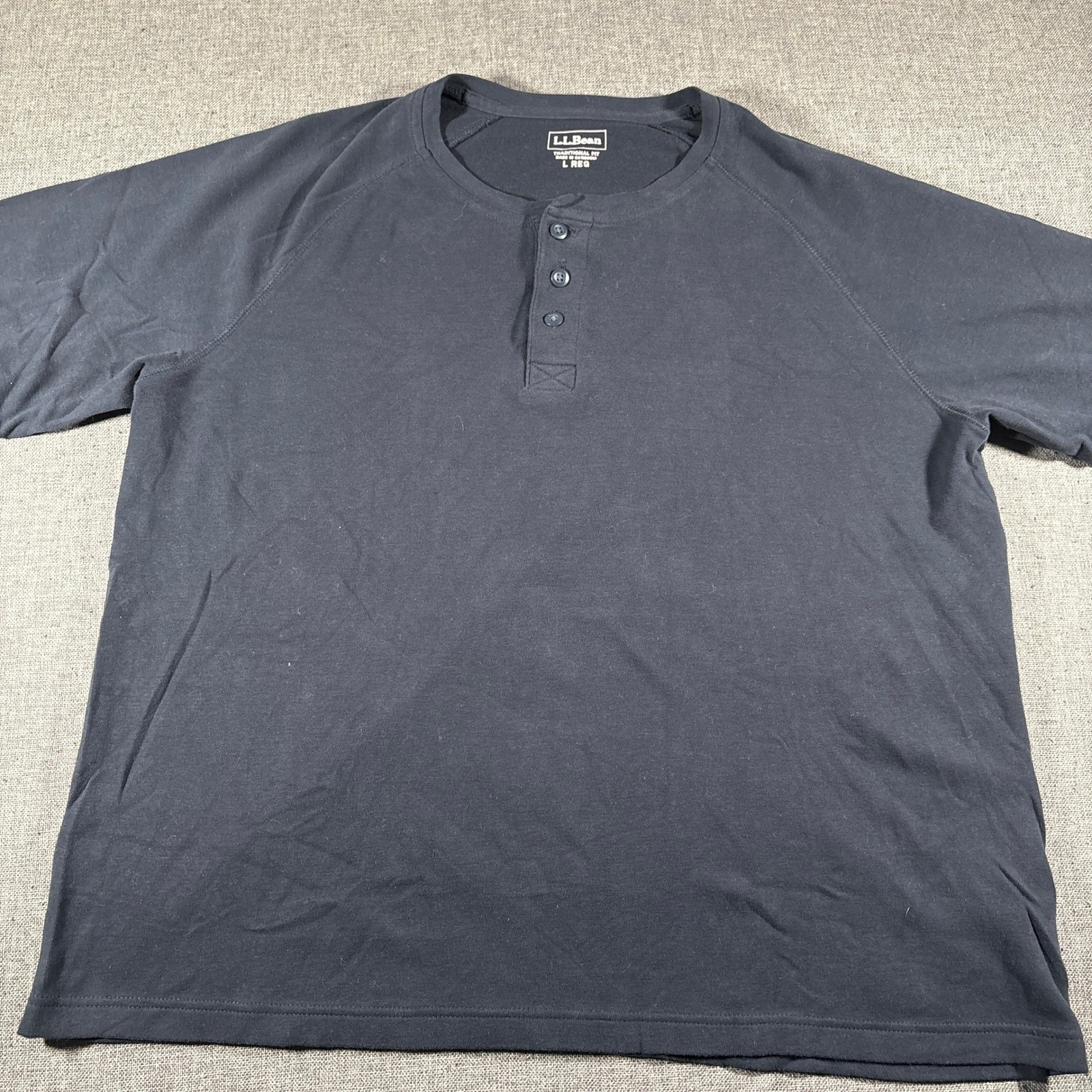 L.L. Bean Henley Shirt Mens L REG Navy Blue Short Sleeve Raglan Traditional Fit