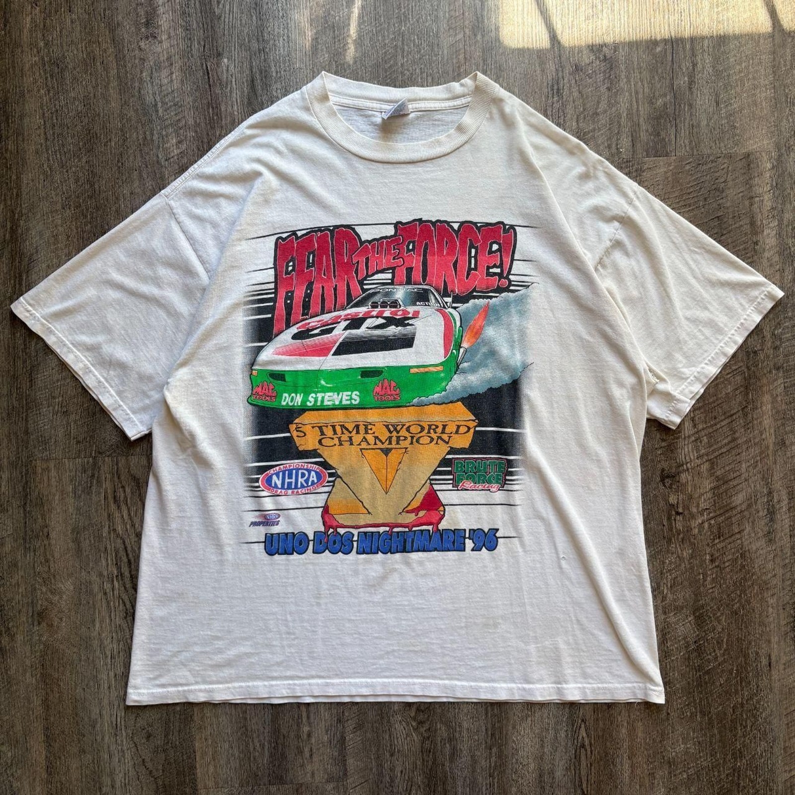 Vintage 1996 White NHRA John Force « Fear The Force » Racing Tee