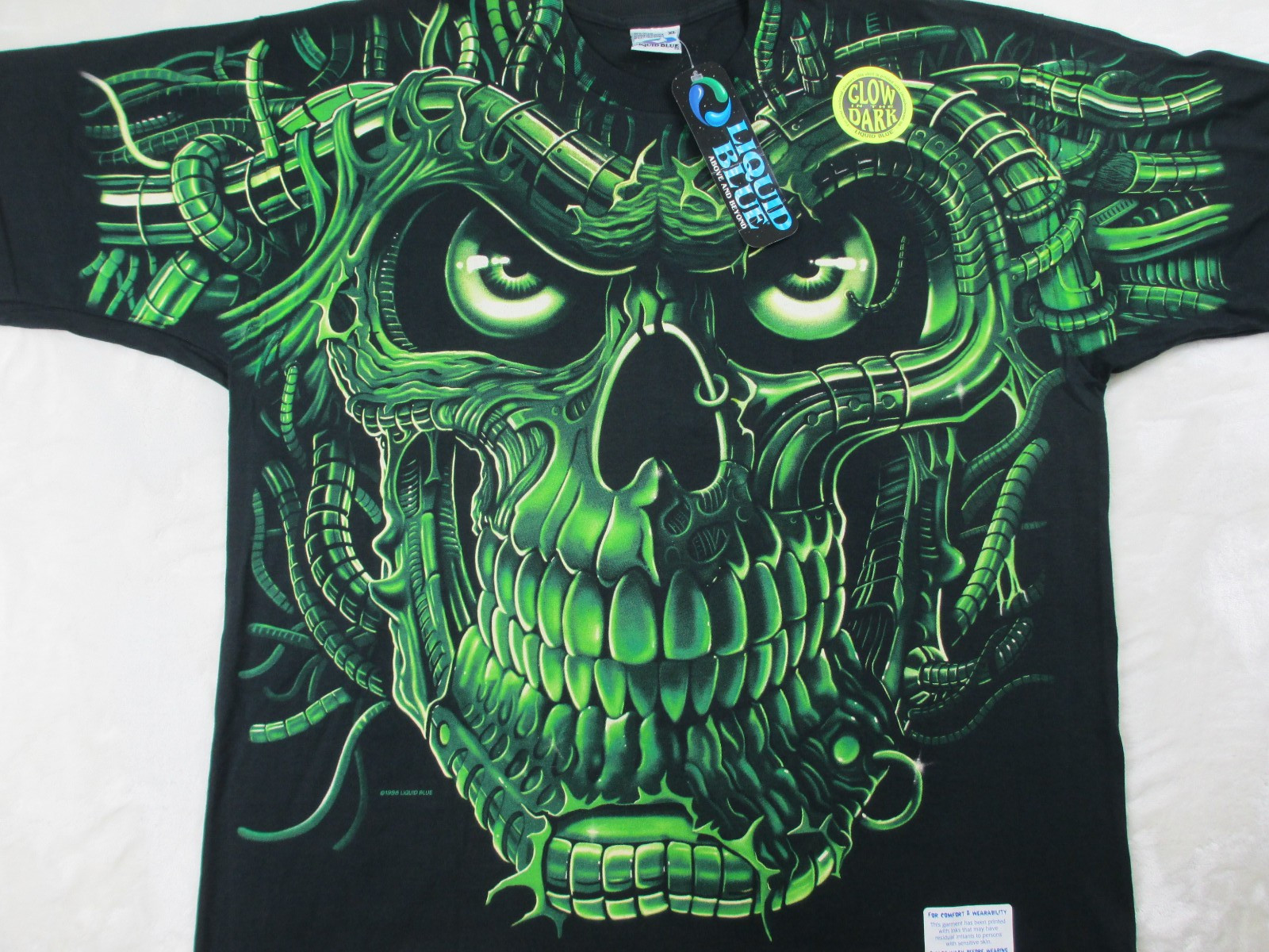 NEW VINTAGE Liquid Blue Shirt Mens Extra Large Black Skull Glow In The Dark 98