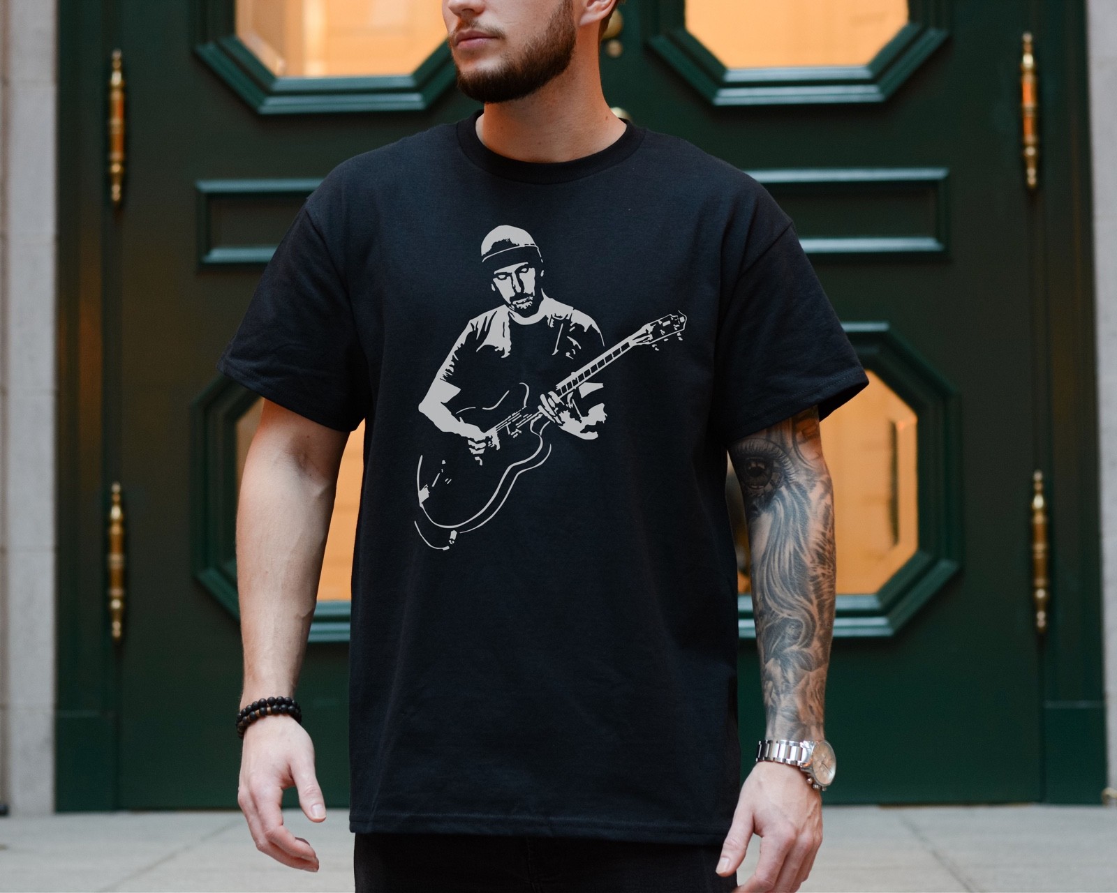 U2 The Edge T-Shirt Gibson Les Paul Rock Band on Premium Comfort Colors 1717 Tee