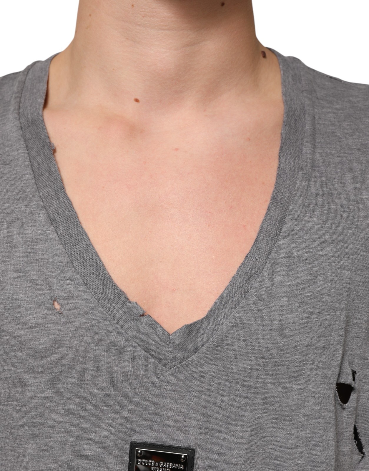 DOLCE & GABBANA T-shirt Gray Cotton Tattered Logo Patch Men IT52/US42/XL 750usd
