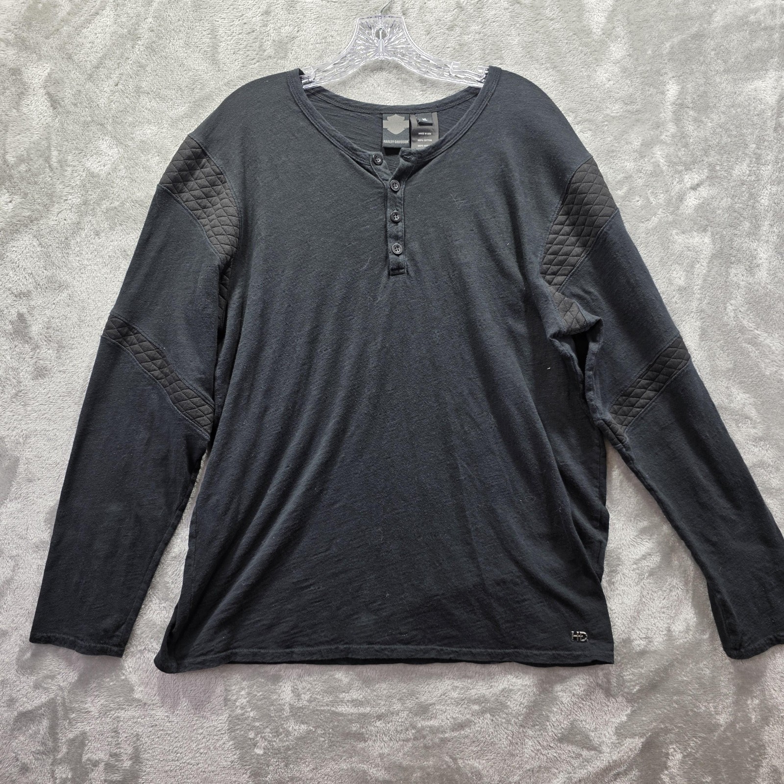 Harley-Davidson Shirt Mens XL Black Quilted Long Sleeve Henley Made USA Cotton