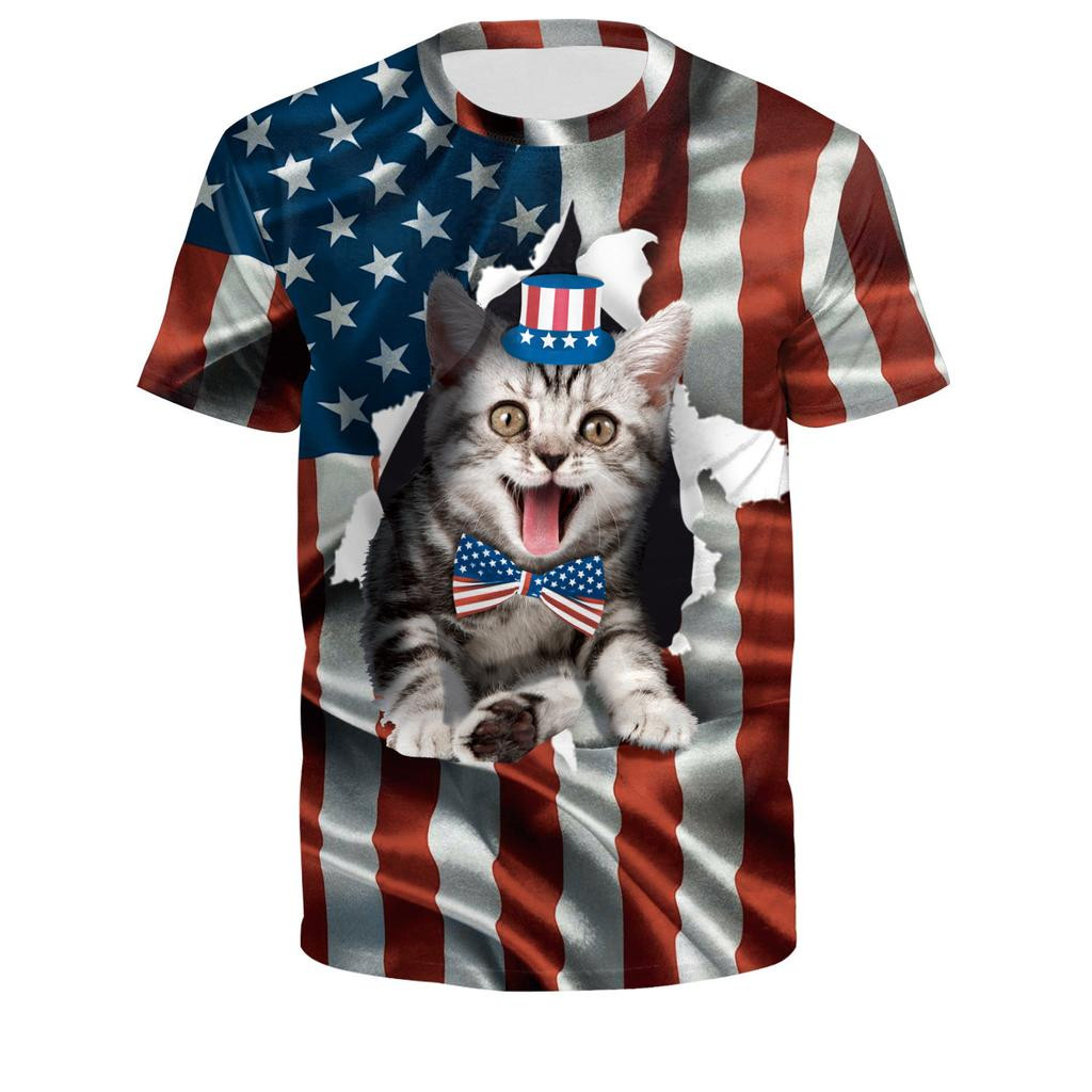Patriotic Cat USA Flag Shirt 4th of July Independence Day Polyester T-Shirt Gift