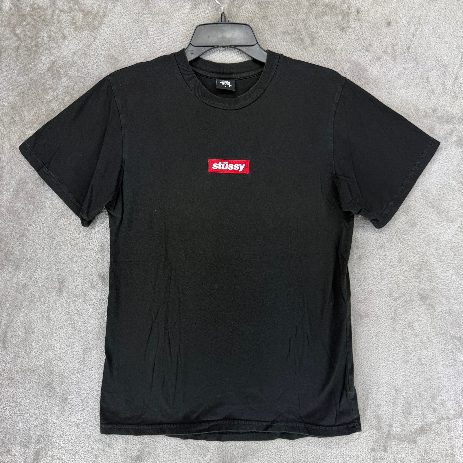 Stussy Mens Black Embroidered Red Box Logo Cotton Short Sleeve T-Shirt Size S