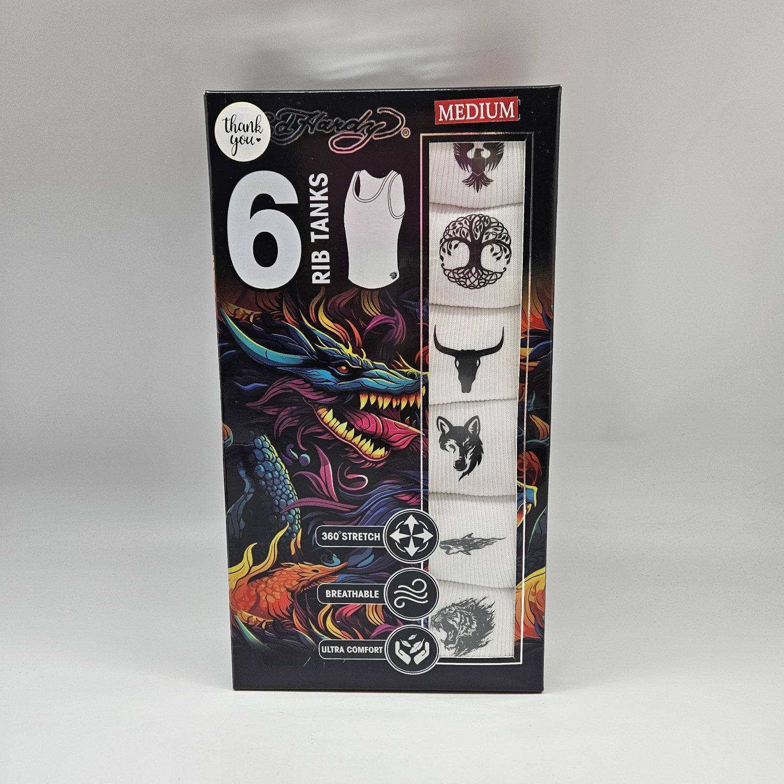 ED HARDY 6 Pack Rib Tanks A Shirt Men&rsquo;s S M L XL White Cotton Stretch Prints