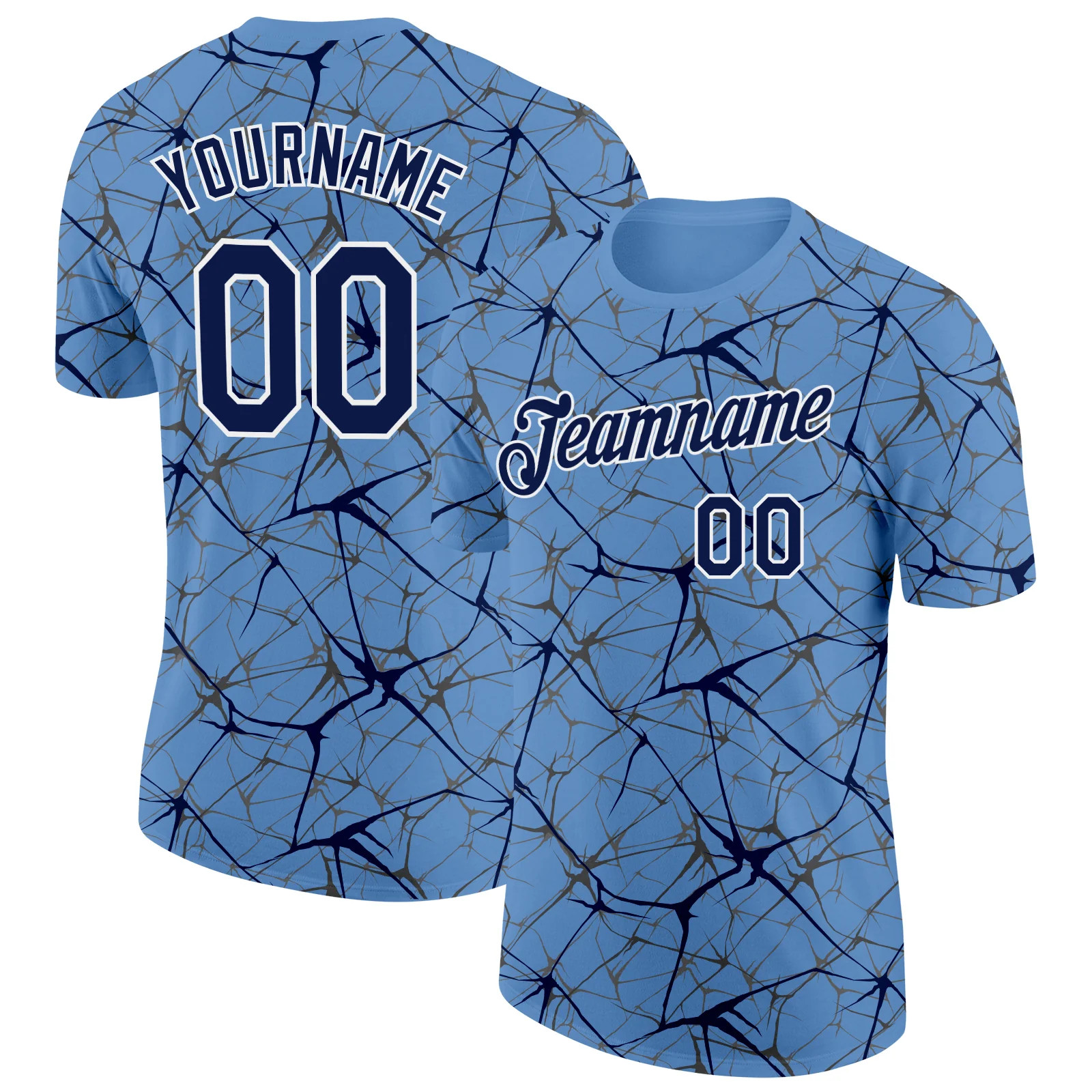 Custom Light Blue Navy Abstract Crackle Sports Tee Personalized Team Jersey