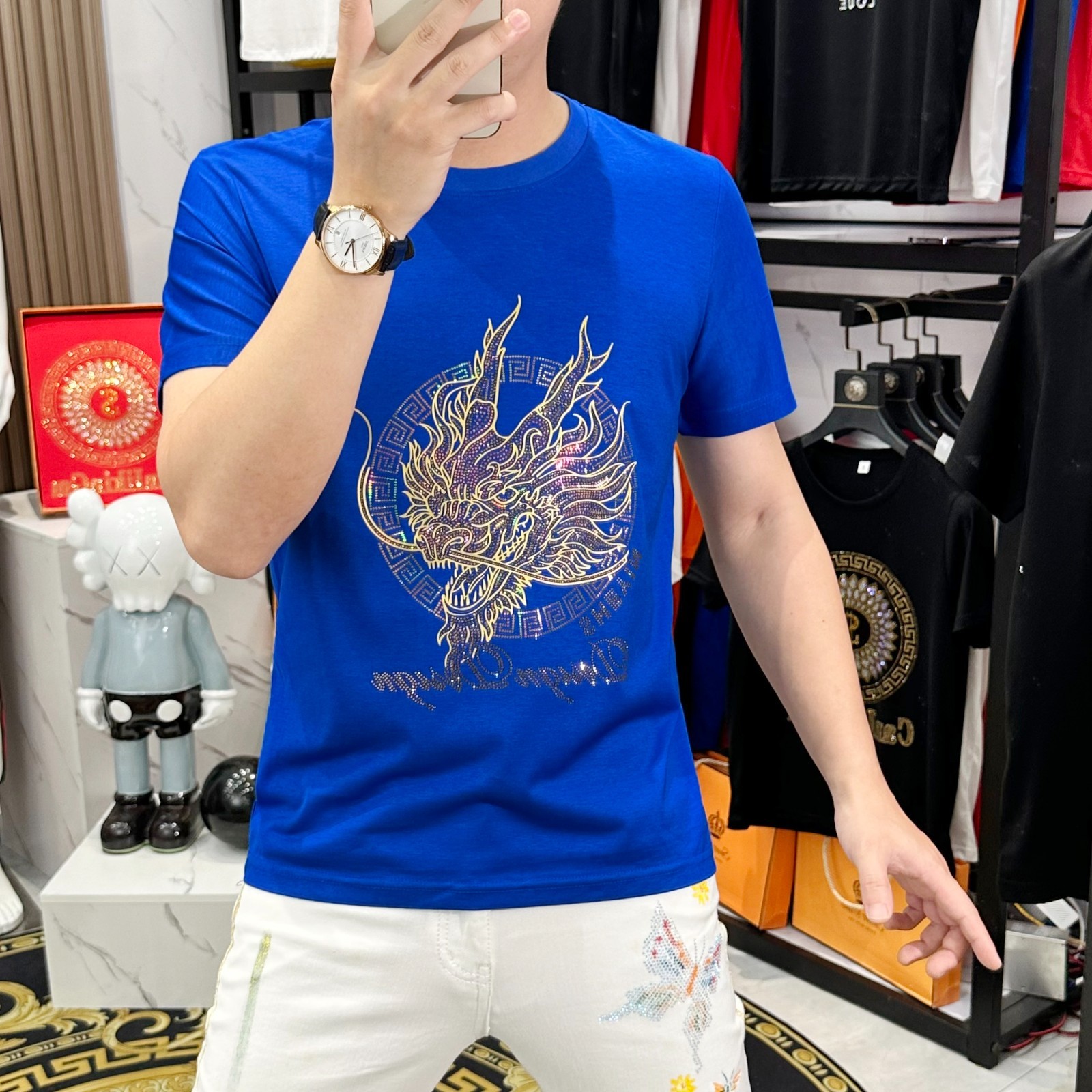 New Men Fashion Trend Dragon Diamond Rhinestone Streetwear Summer Luxury T-Shirt