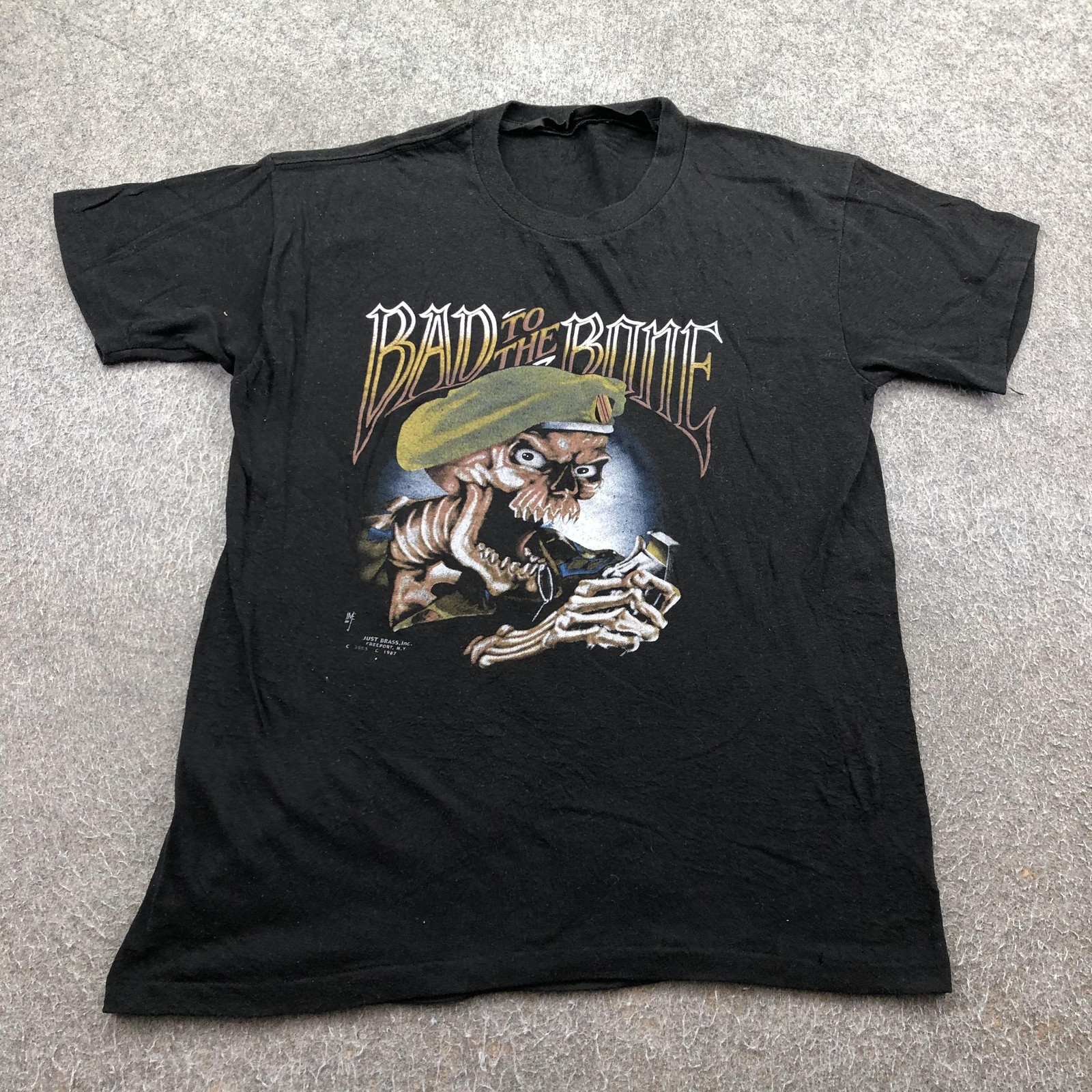 Vintage Military Shirt Mens Medium Skeleton Bad To The Bone Just Brass 1987