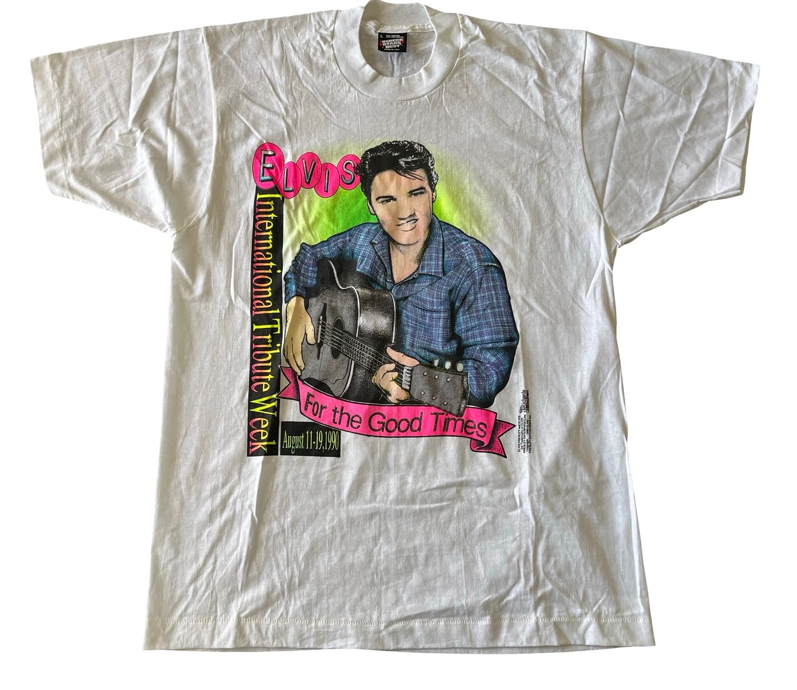 Vintage Elvis Presley Tribute Week 1990 Shirt Size Large Neon Screen Stars USA