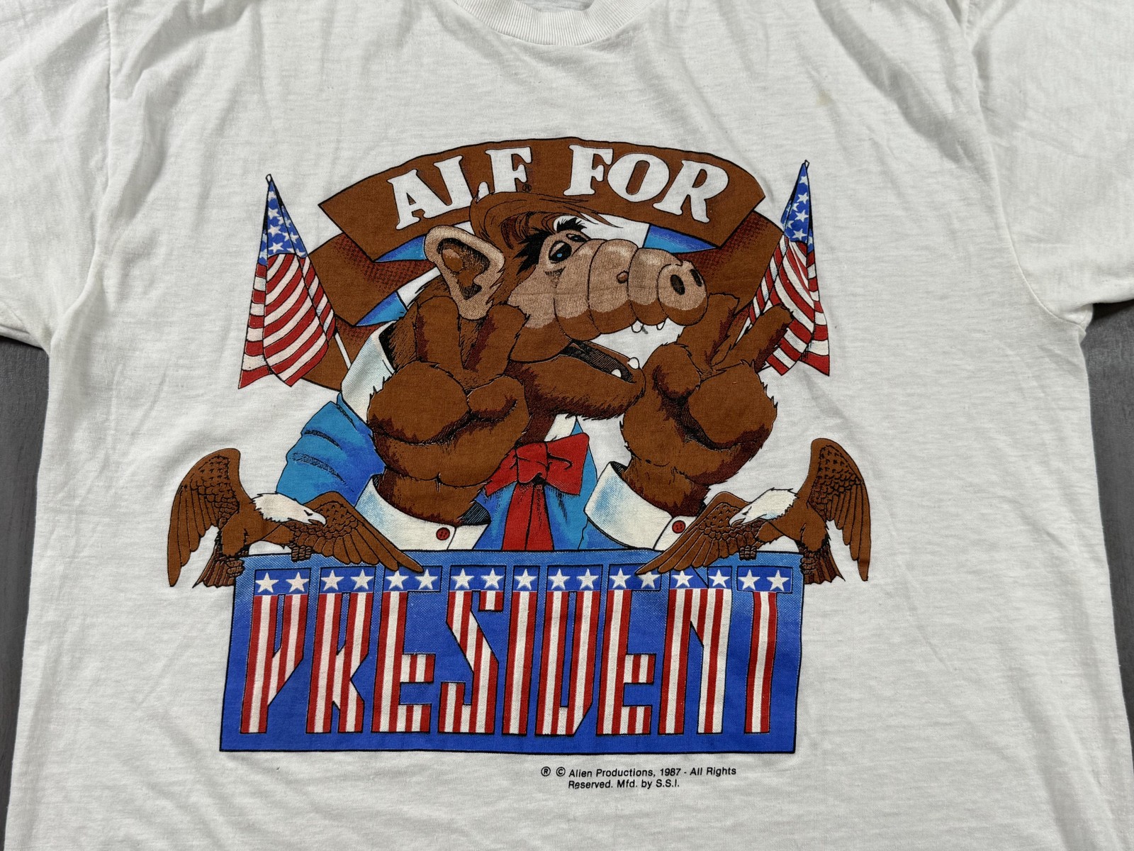 Vintage ALF For President Shirt Mens Large White SSI Patriotic 1987 80s