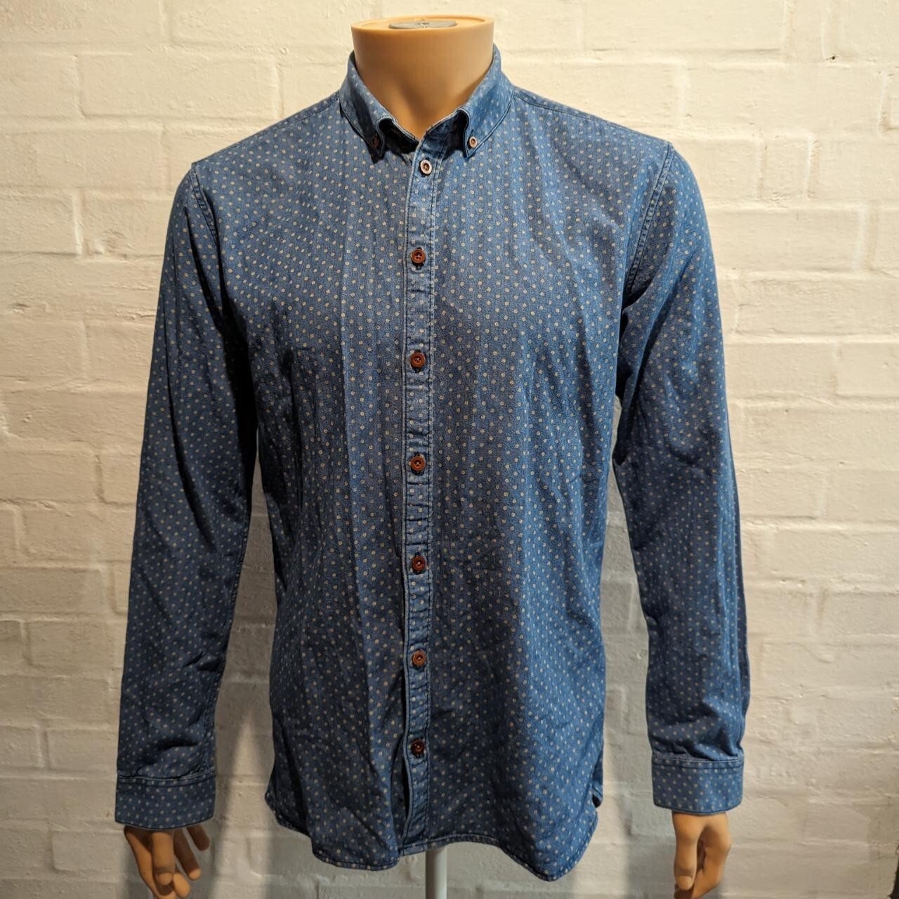 Minimum Mens Shirt Medium Blue Dot Cotton Long Sleeve button down Spots
