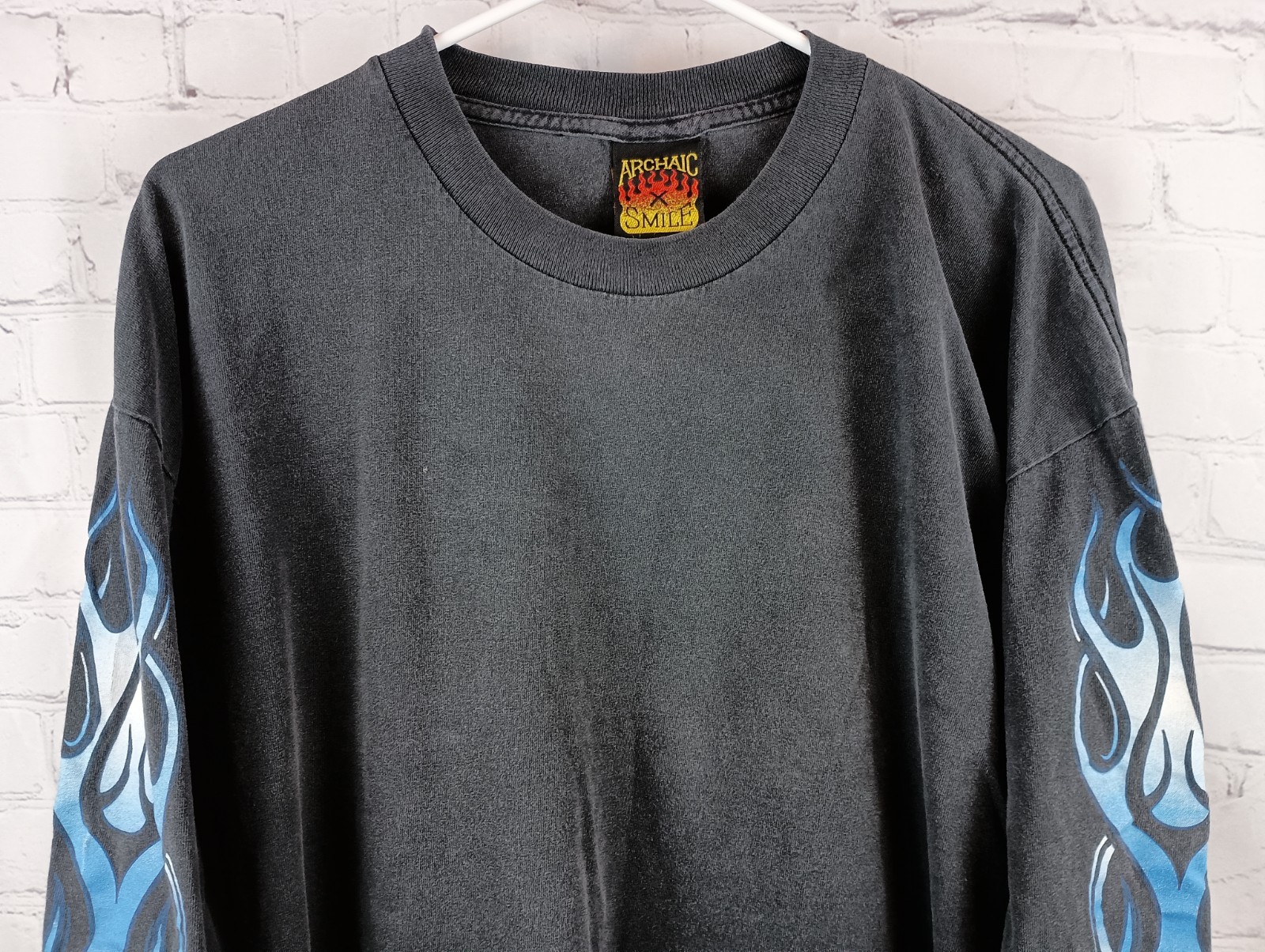 Vintage Archaic Smile Blue Flames Black Long Sleeve T-shirt Made In USA, Sz. XL