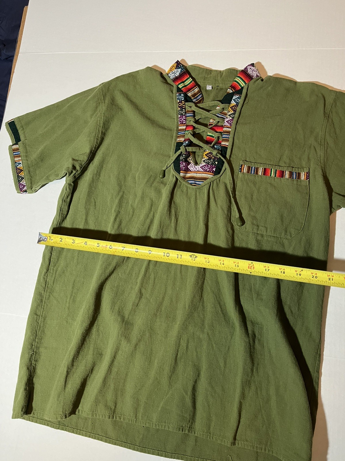 guatemalen embroidered drawstring shirt boho lace up beach top tribal L short