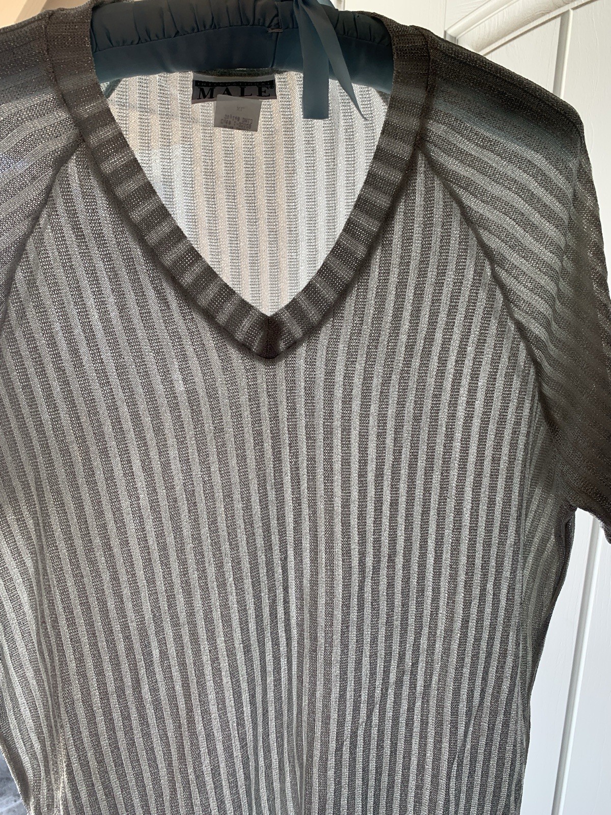 XL Vintage International Male Silver Sparkle V-neck Shirt Club Dance Party Sheer