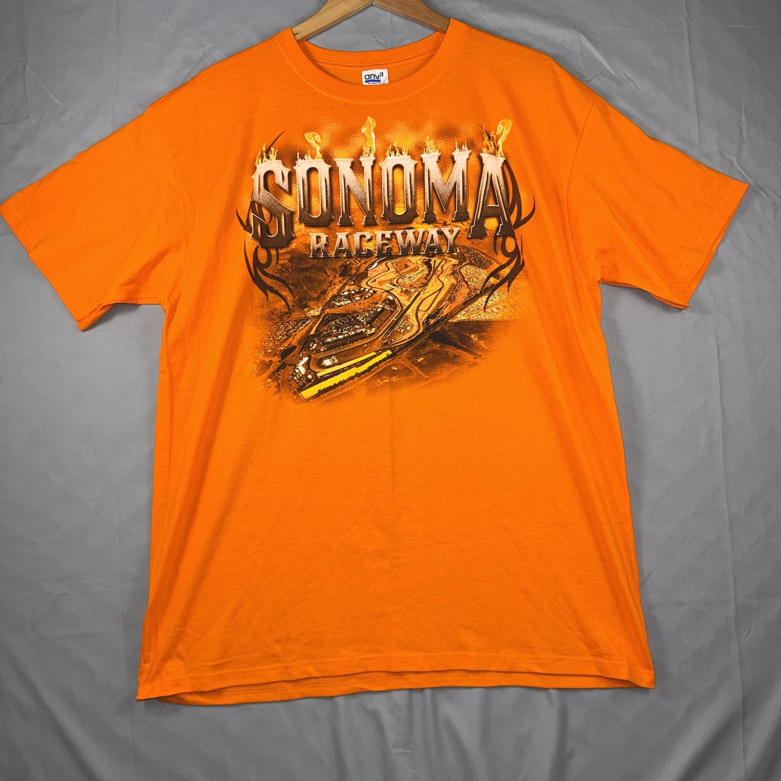 Sonoma Raceway Shirt Mens XL Orange Race Cars Graphic Tee Anvil Flames