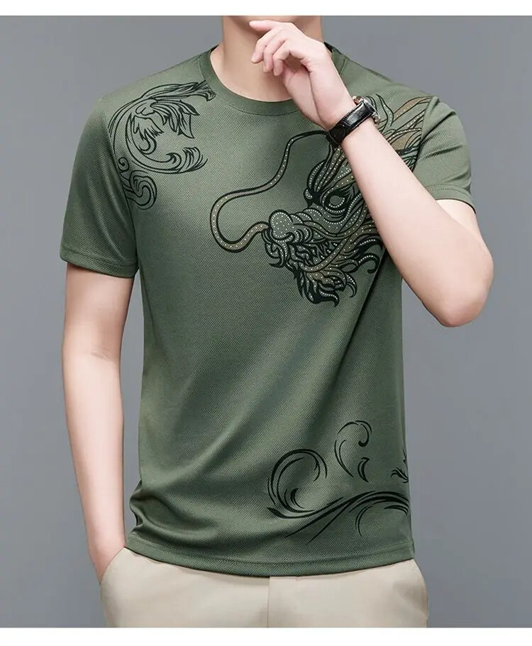 New Men Fashion Trend Dragon Rhinestones Hot Drill Short Sleeve Summer T-Shirt