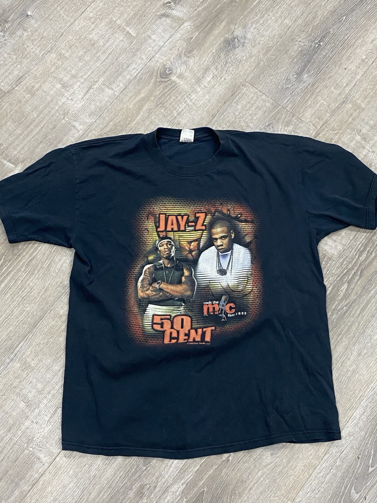 SEE PHOTOS Vintage Jay Z 50 Cent Rap Tee Shirt Rock The Mic Tour 2003 Size XL